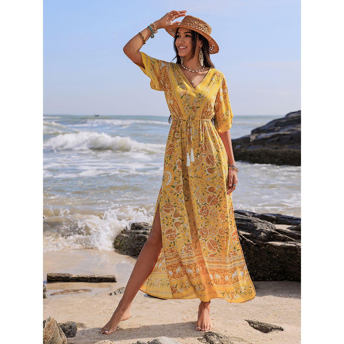 فستان طويل مطبع بزهور مع اكمام واسعة وشق رَستي دَستي × ستايلي-women-clothing-dresses-image-2