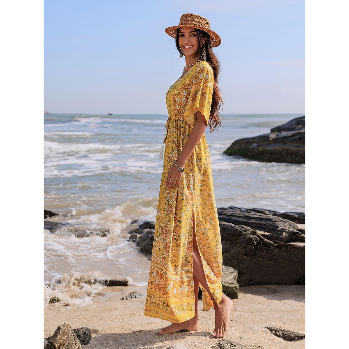 فستان طويل مطبع بزهور مع اكمام واسعة وشق رَستي دَستي × ستايلي-women-clothing-dresses-image-3