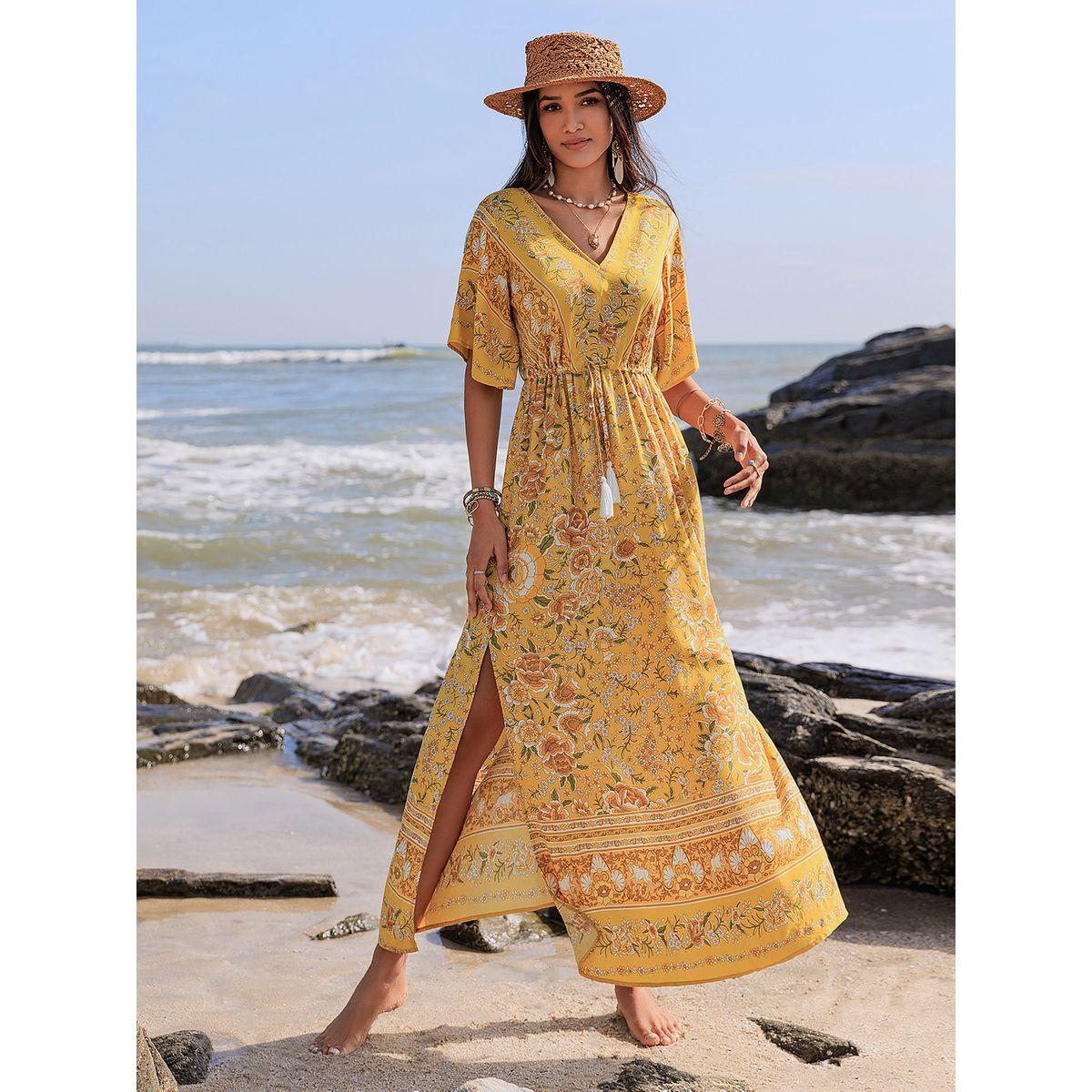 فستان طويل مطبع بزهور مع اكمام واسعة وشق رَستي دَستي × ستايلي-women-clothing-dresses-image-4