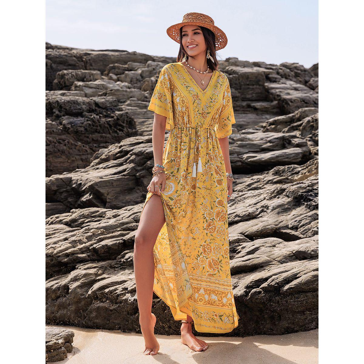 فستان طويل مطبع بزهور مع اكمام واسعة وشق رَستي دَستي × ستايلي-women-clothing-dresses-image-5