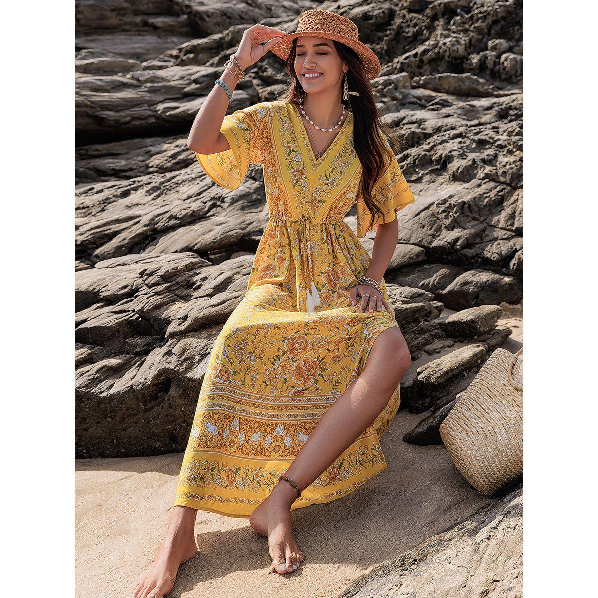 فستان طويل مطبع بزهور مع اكمام واسعة وشق رَستي دَستي × ستايلي-women-clothing-dresses-image-6