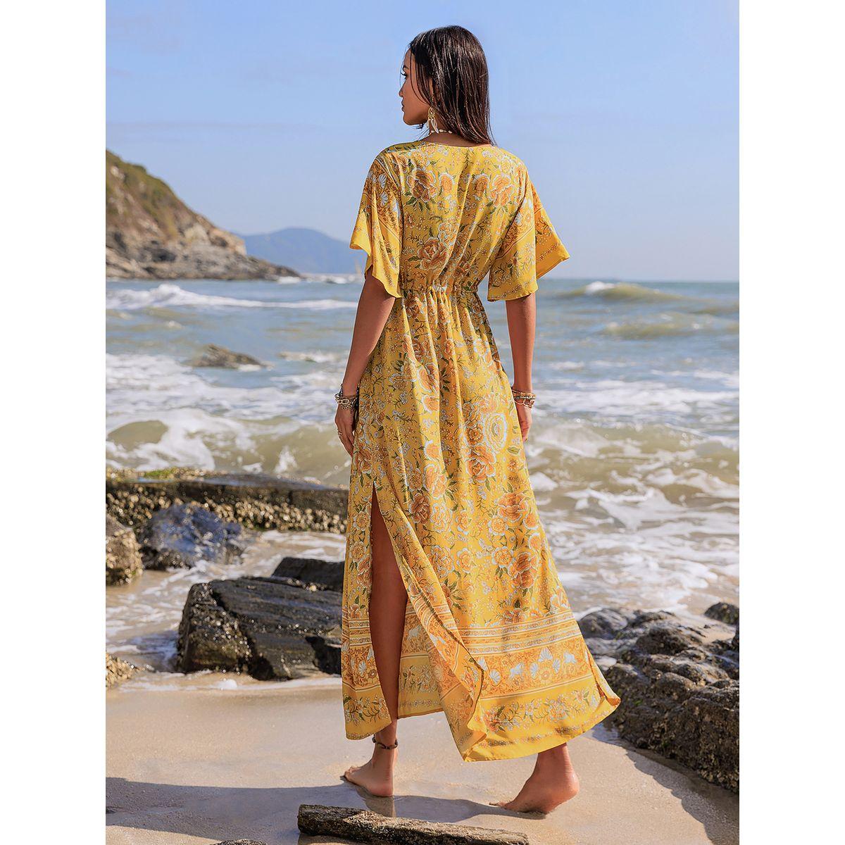 فستان طويل مطبع بزهور مع اكمام واسعة وشق رَستي دَستي × ستايلي-women-clothing-dresses-image-7