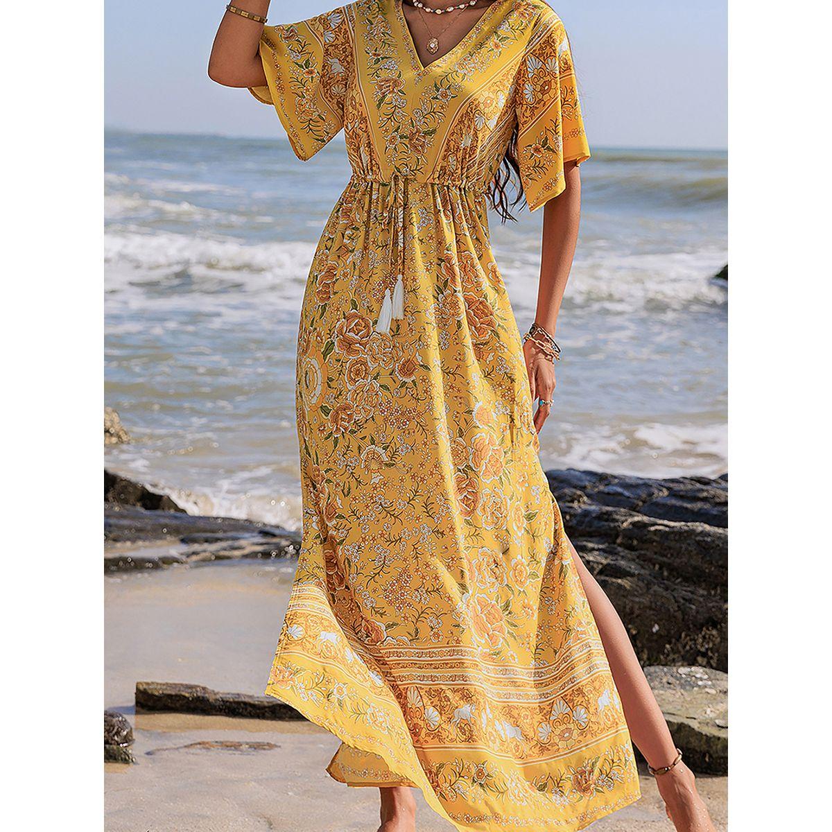 فستان طويل مطبع بزهور مع اكمام واسعة وشق رَستي دَستي × ستايلي-women-clothing-dresses-image-8