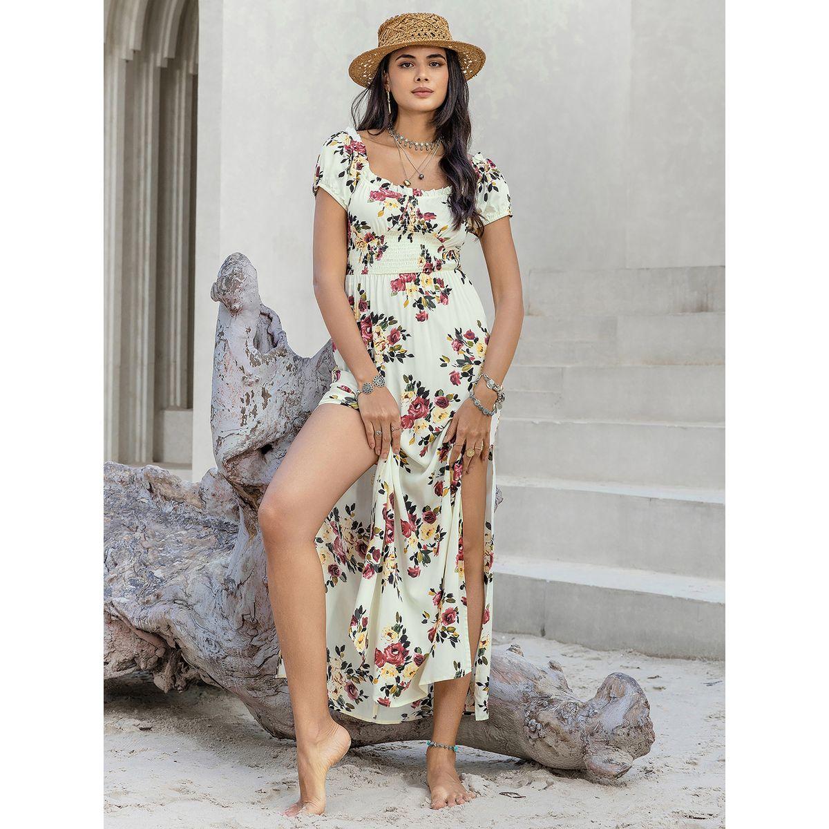 فستان ميدي برقبة واسعة مربعة وطبعة زهور رَستي دَستي × ستايلي-women-clothing-dresses-image-3