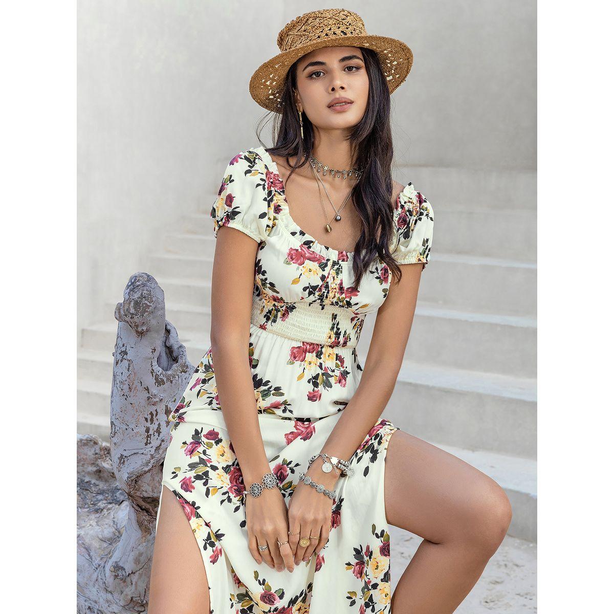 فستان ميدي برقبة واسعة مربعة وطبعة زهور رَستي دَستي × ستايلي-women-clothing-dresses-image-4