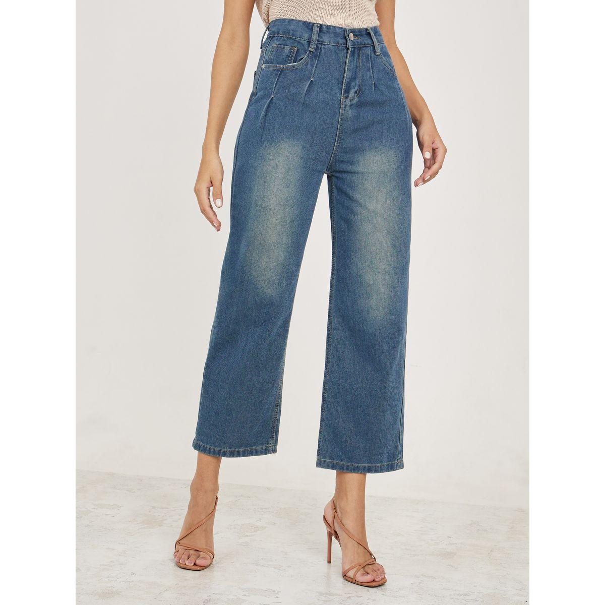 جينز قصير بارجل مستقيمة وتفاصيل باهتة-women-clothing-bottoms-jeans-image-1