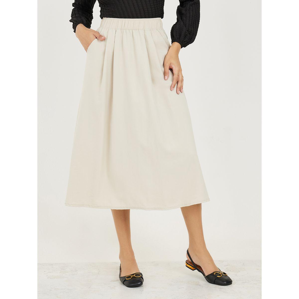 تنورة ميدي سادة بخصر مطاطي-women-clothing-bottoms-skirts-image-1