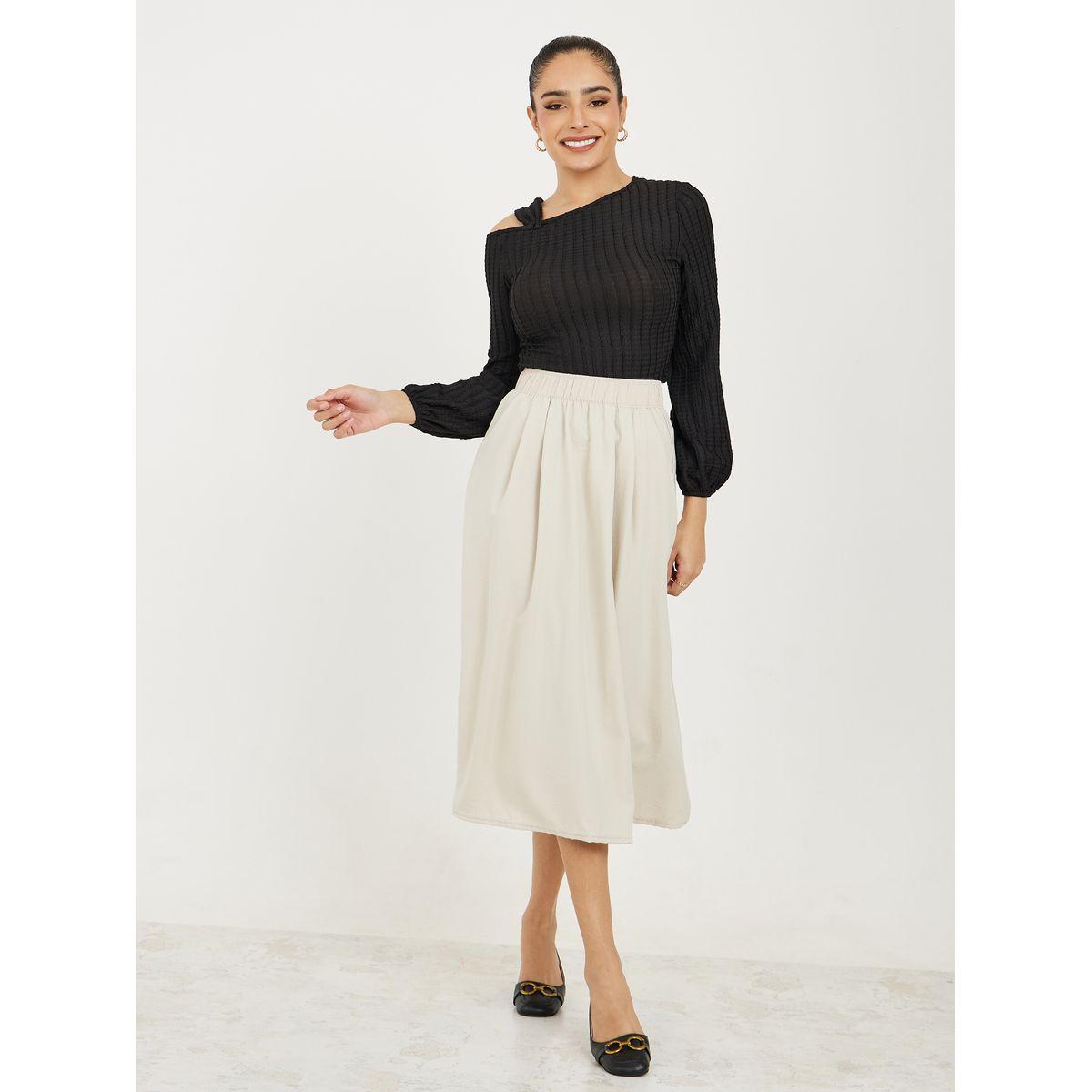 تنورة ميدي سادة بخصر مطاطي-women-clothing-bottoms-skirts-image-2