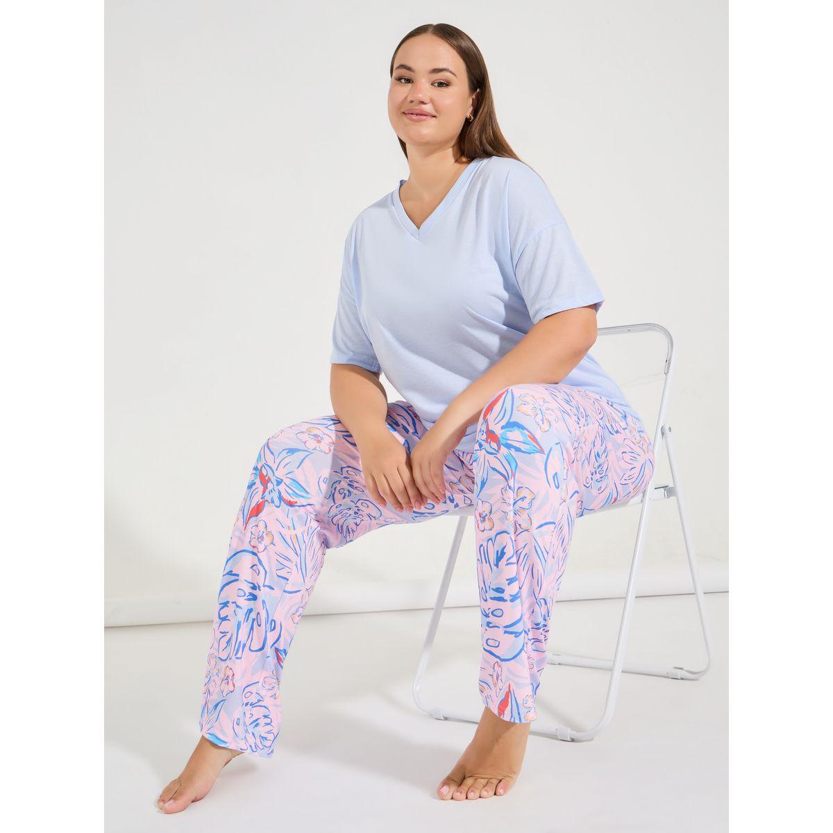 طقم من بنطال بيجاما مع تيشيرت سادة بمقاس كبير-women-clothing-nightwear-pyjamas-longsets-image-7