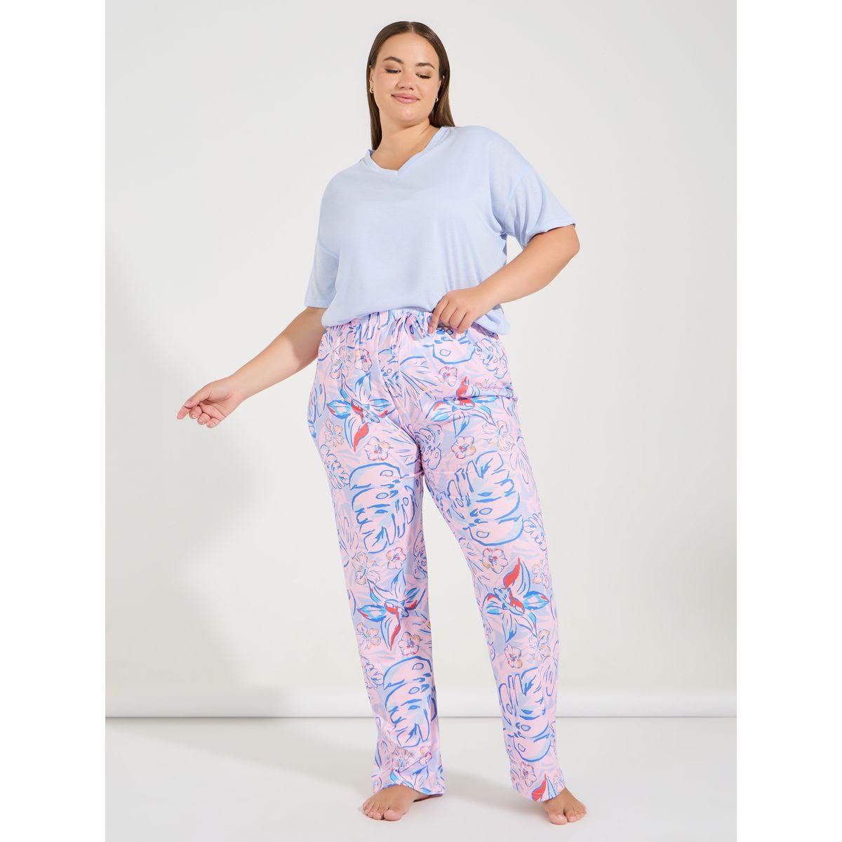 طقم من بنطال بيجاما مع تيشيرت سادة بمقاس كبير-women-clothing-nightwear-pyjamas-longsets-image-3