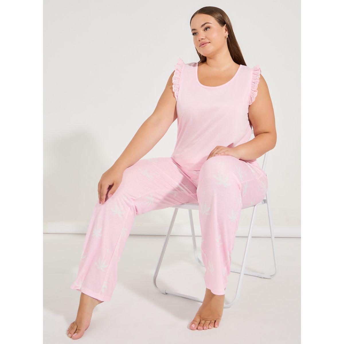 Styli Unwind Plus Size Schiffli Trim Solid Vest & Palm Tree Print Pyjama Set-women-clothing-nightwear-pyjamas-longsets-image-1