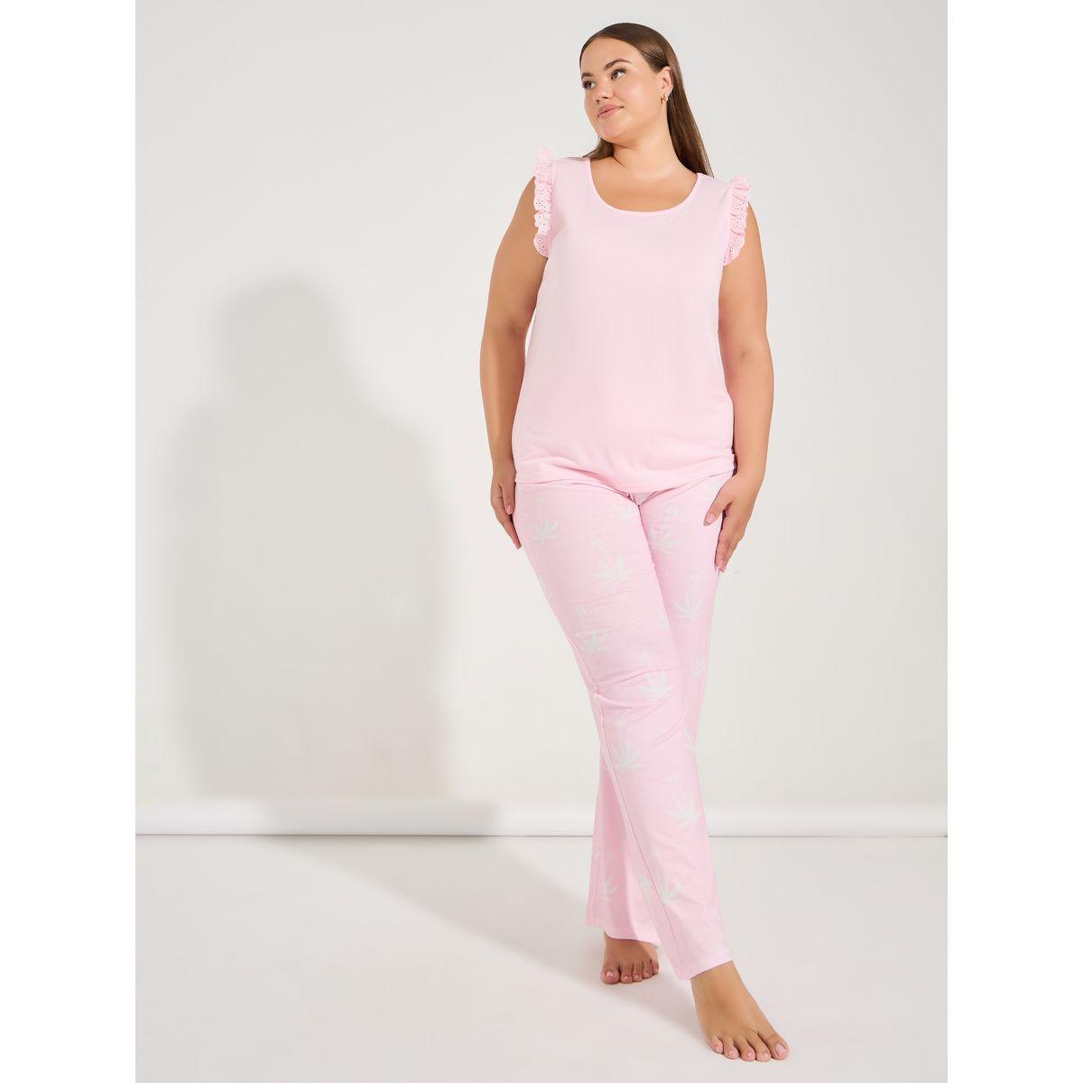Styli Unwind Plus Size Schiffli Trim Solid Vest & Palm Tree Print Pyjama Set-women-clothing-nightwear-pyjamas-longsets-image-2