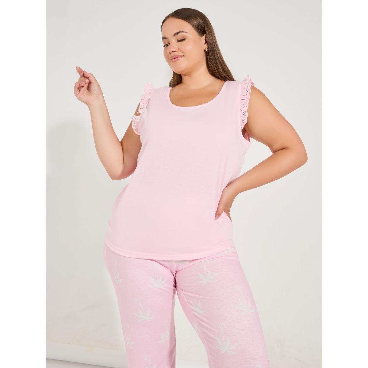 Styli Unwind Plus Size Schiffli Trim Solid Vest & Palm Tree Print Pyjama Set-women-clothing-nightwear-pyjamas-longsets-image-3