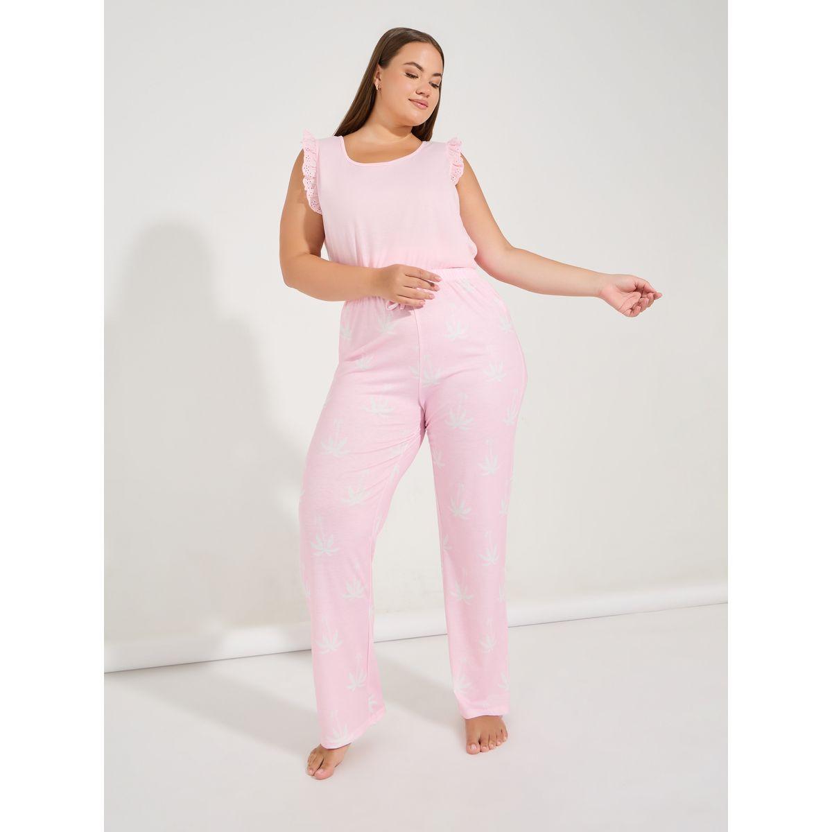 Styli Unwind Plus Size Schiffli Trim Solid Vest & Palm Tree Print Pyjama Set-women-clothing-nightwear-pyjamas-longsets-image-5