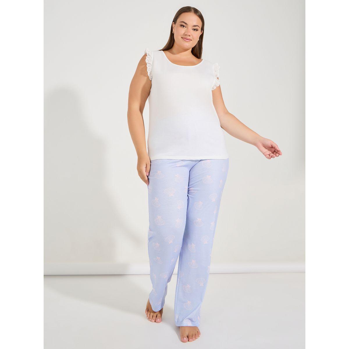 Styli Unwind Plus Size Schiffli Trim Top & Shell Print Pyjama Set-women-clothing-nightwear-pyjamas-longsets-image-1