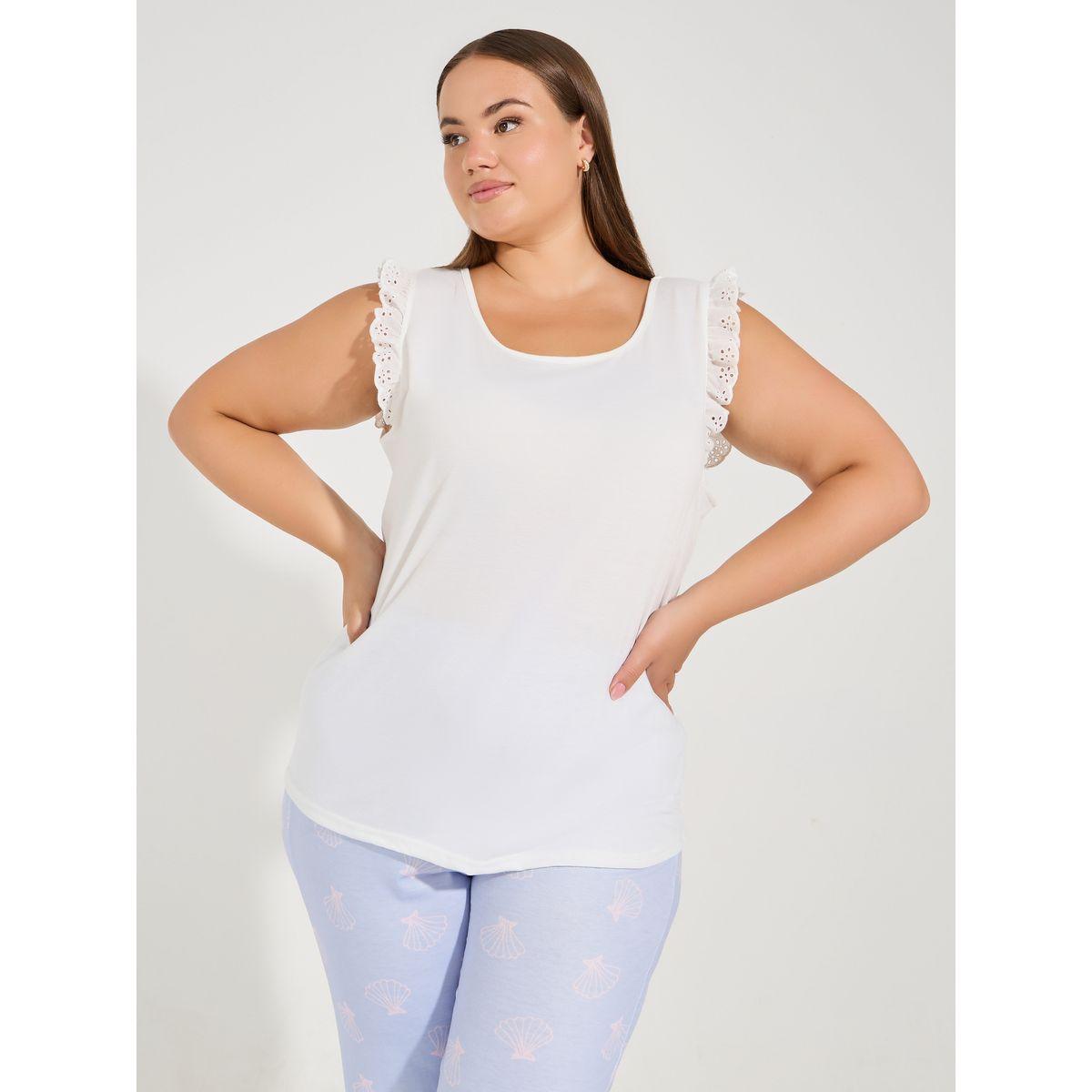 Styli Unwind Plus Size Schiffli Trim Top & Shell Print Pyjama Set-women-clothing-nightwear-pyjamas-longsets-image-2