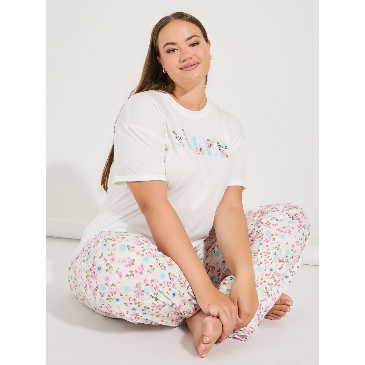 طقم من بنطال بيجاما مع تيشيرت مطبع بزهور-women-clothing-nightwear-pyjamas-longsets-image-1
