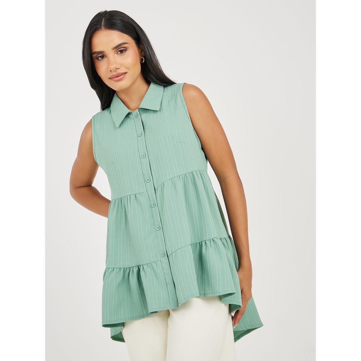 بلوزة مضلعة بلا اكمام مع حافة غير متماثلة الطول-women-clothing-shirtsandblouses-shirts-image-1