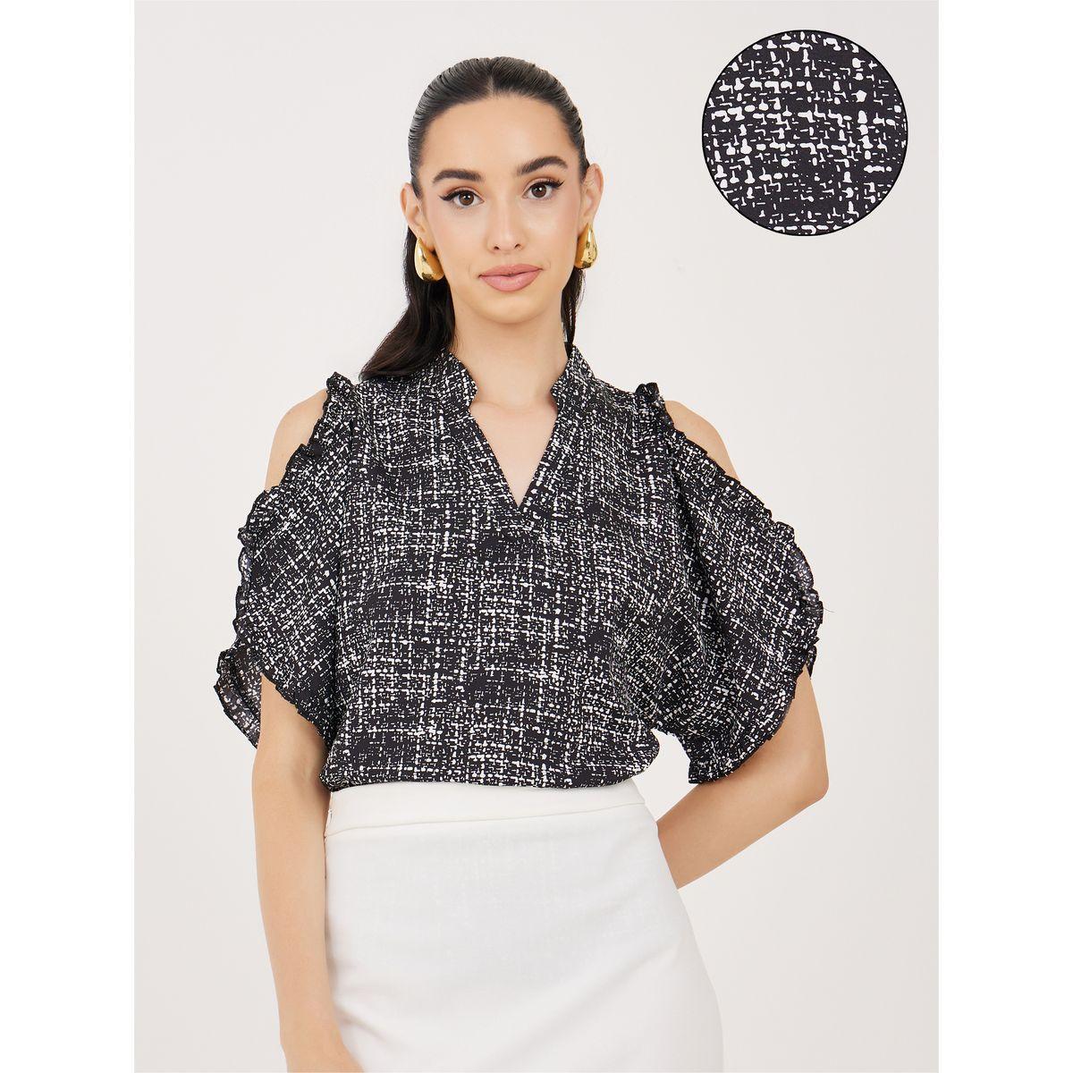 Styli AOP Notch Neck Cold Shoulder Sleeves Blouse-women-clothing-shirtsandblouses-blouses-image-1