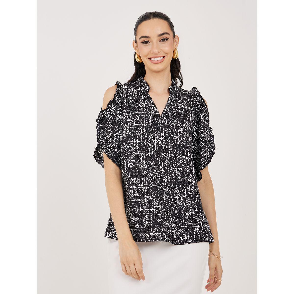 Styli AOP Notch Neck Cold Shoulder Sleeves Blouse-women-clothing-shirtsandblouses-blouses-image-2