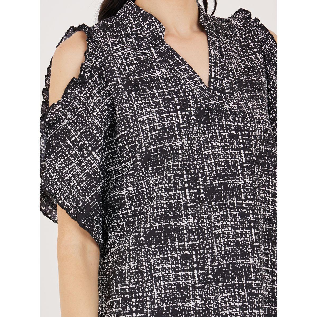 Styli AOP Notch Neck Cold Shoulder Sleeves Blouse-women-clothing-shirtsandblouses-blouses-image-4