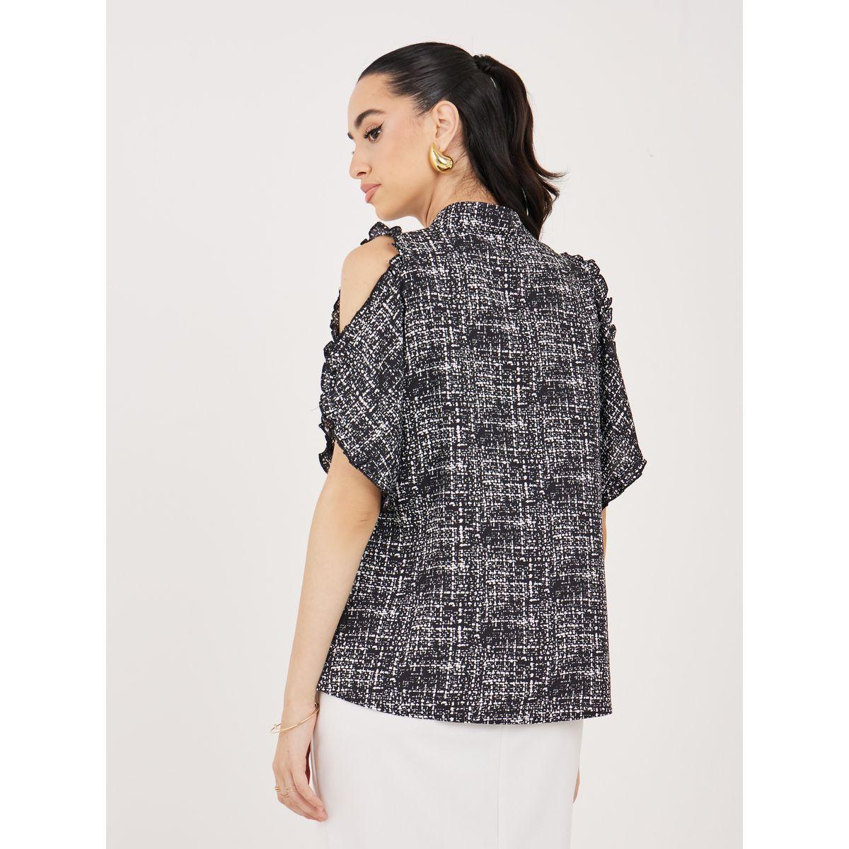 Styli AOP Notch Neck Cold Shoulder Sleeves Blouse-women-clothing-shirtsandblouses-blouses-image-5