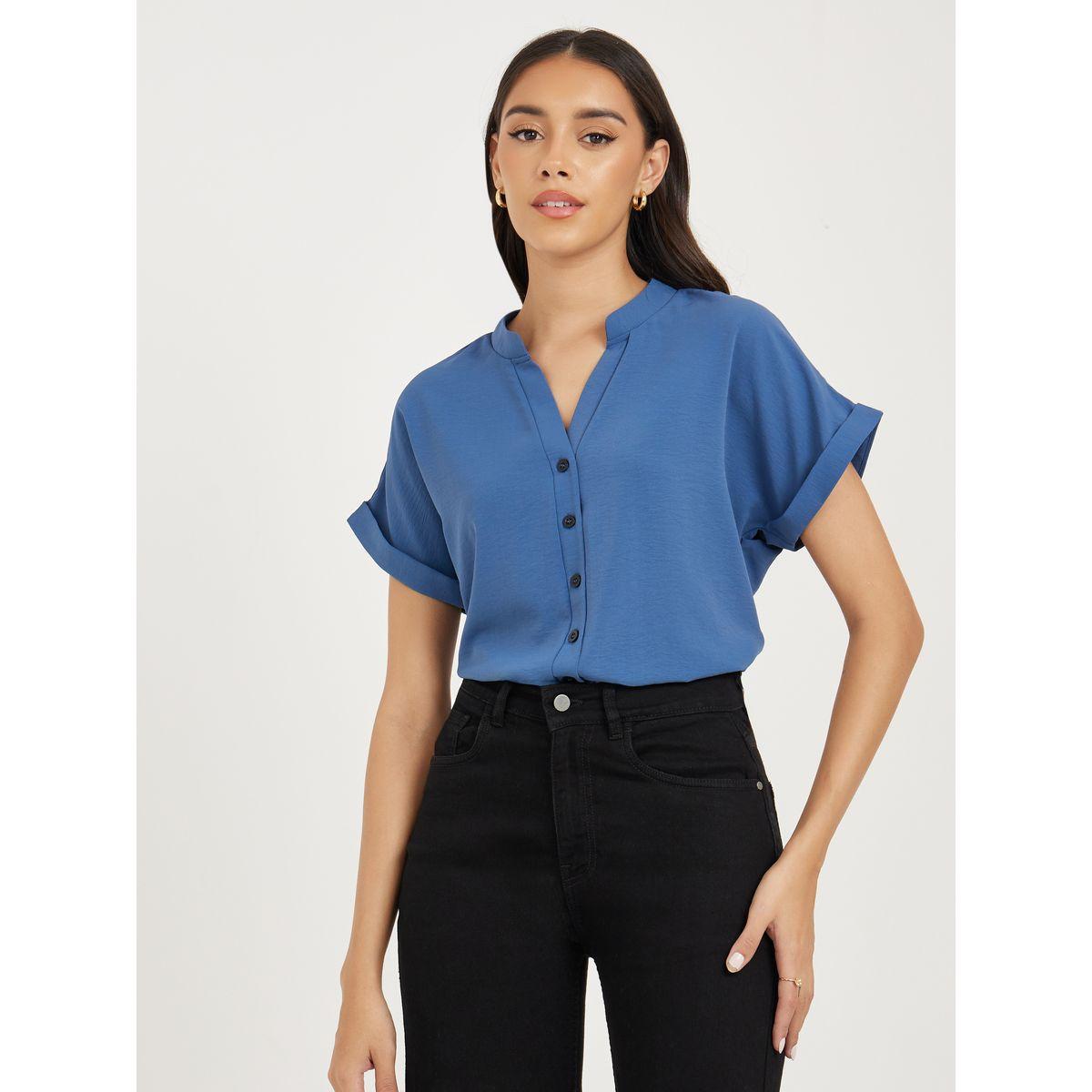 بلوزة سادة بقصة عادية وازرار غلق-women-clothing-shirtsandblouses-shirts-image-1