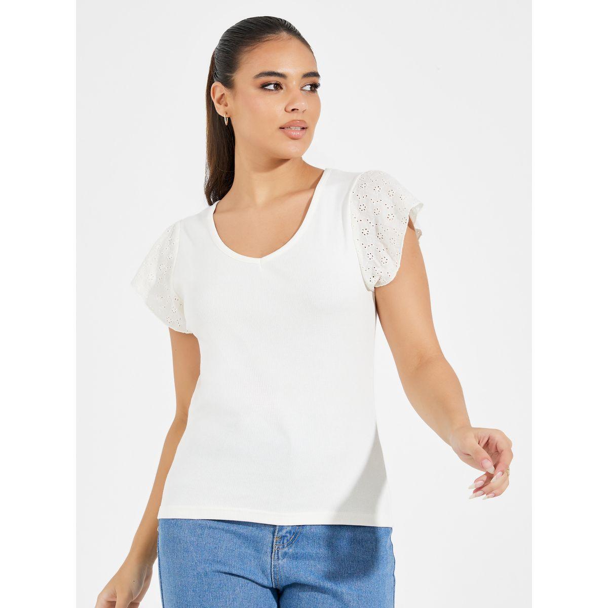 Styli Schiffli Sleeves Rib Knit V Neck Top-women-clothing-shirtsandblouses-blouses-image-3