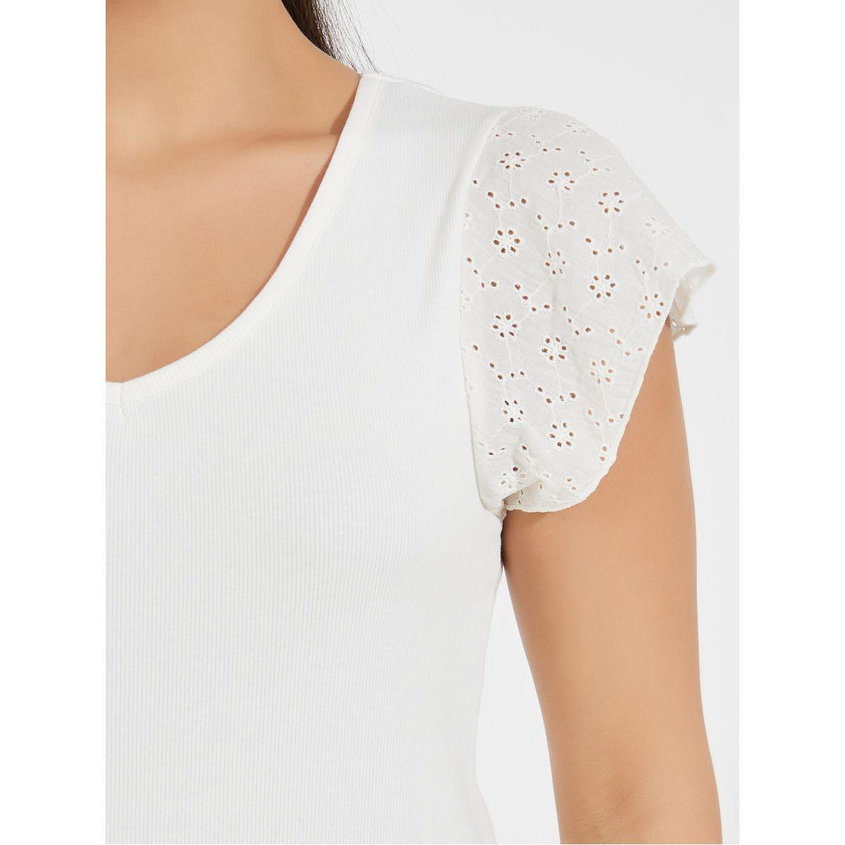 Styli Schiffli Sleeves Rib Knit V Neck Top-women-clothing-shirtsandblouses-blouses-image-4