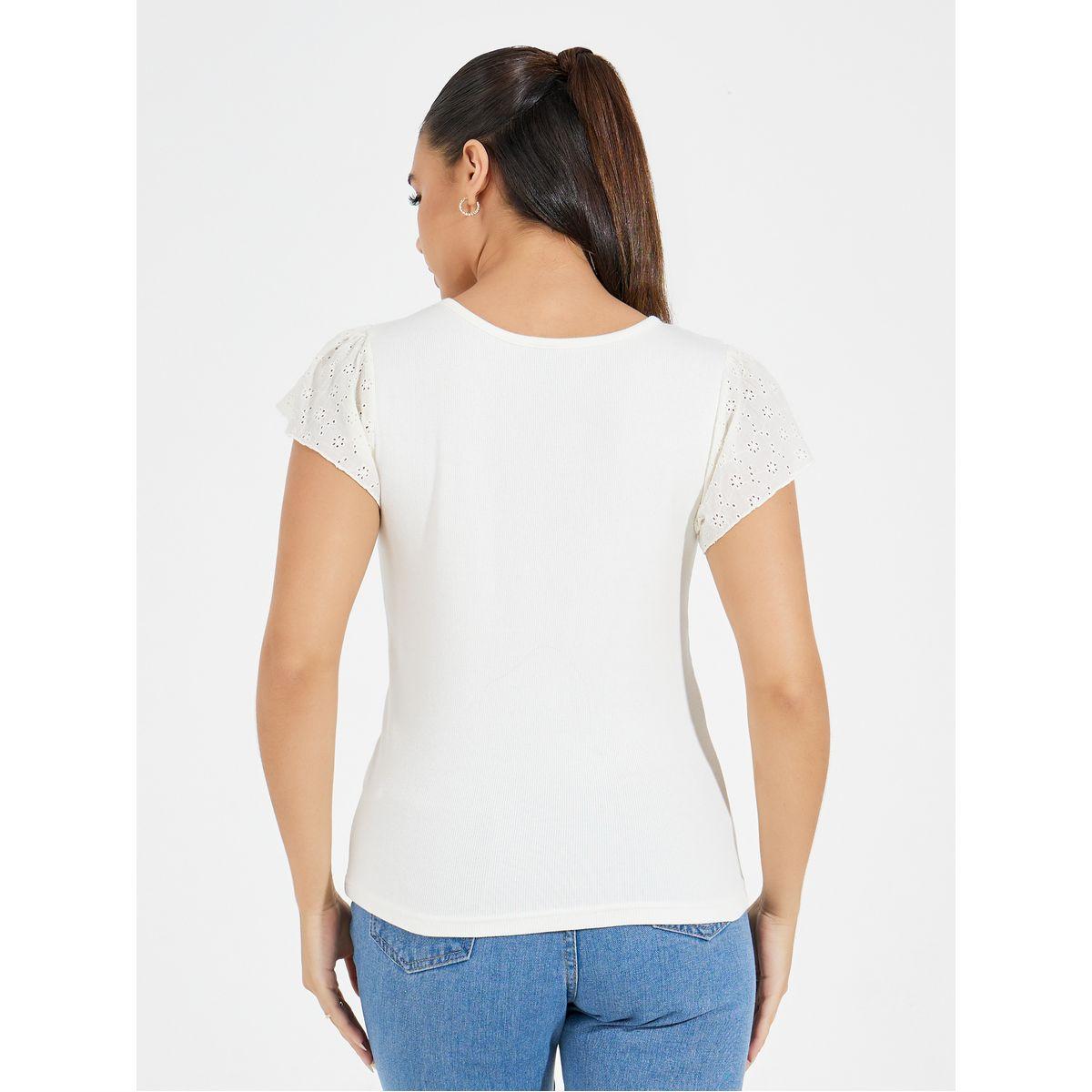 Styli Schiffli Sleeves Rib Knit V Neck Top-women-clothing-shirtsandblouses-blouses-image-5
