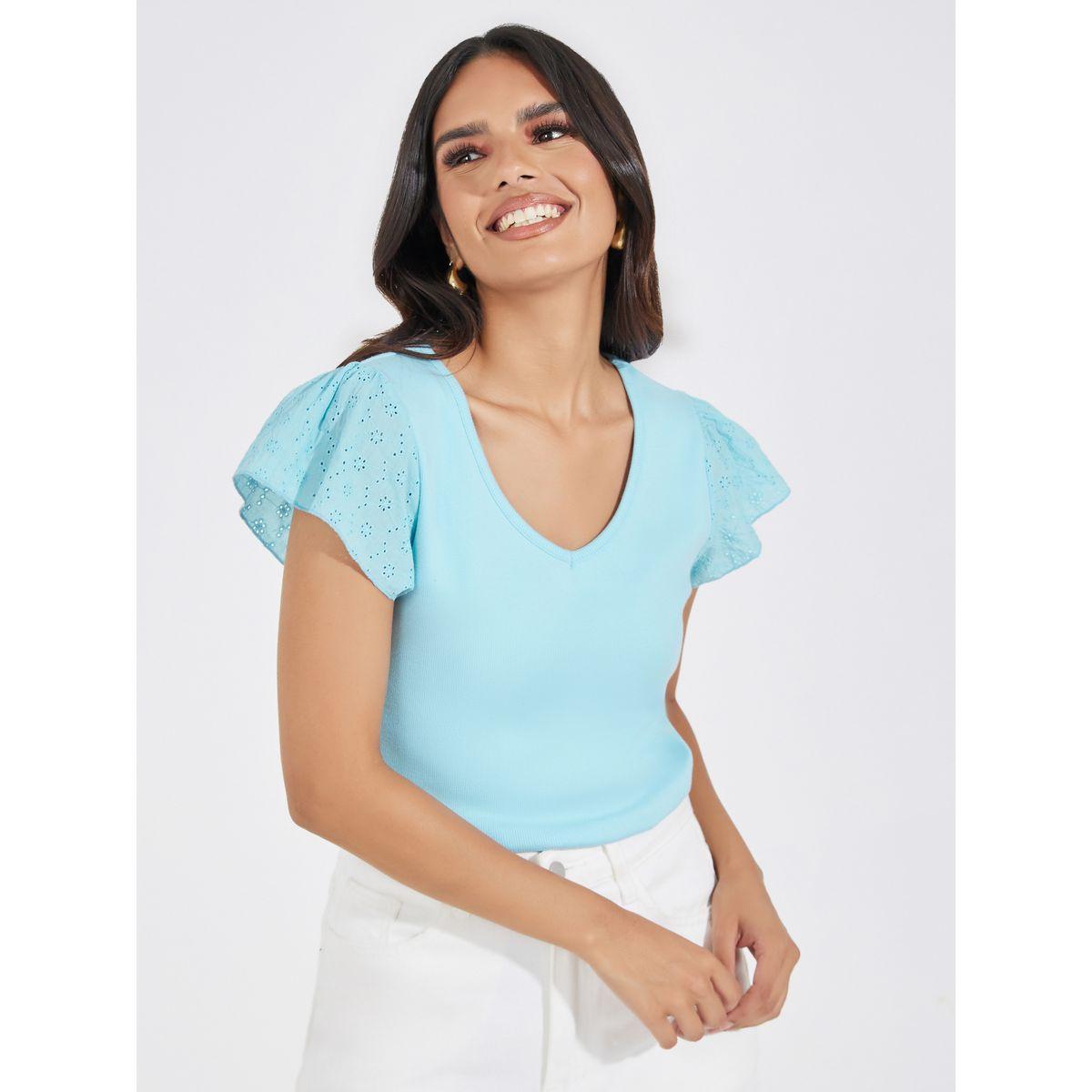Styli Schiffli Sleeves Rib Knit V Neck Top-women-clothing-shirtsandblouses-blouses-image-1
