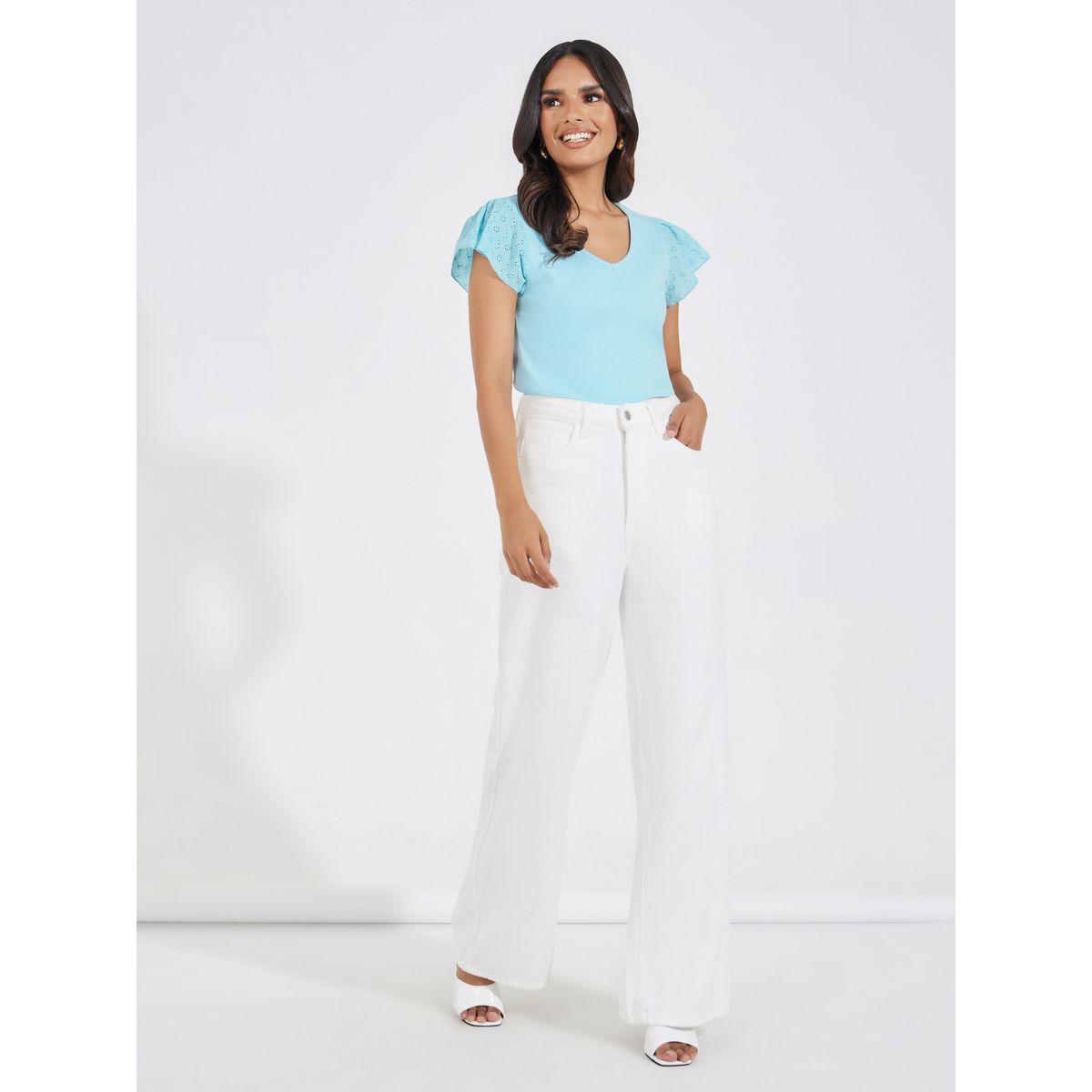 Styli Schiffli Sleeves Rib Knit V Neck Top-women-clothing-shirtsandblouses-blouses-image-2