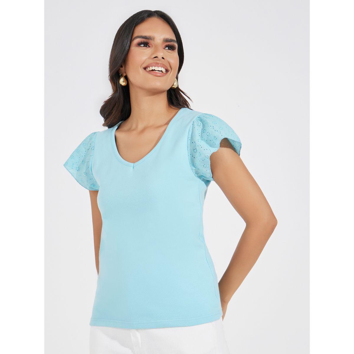 Styli Schiffli Sleeves Rib Knit V Neck Top-women-clothing-shirtsandblouses-blouses-image-3