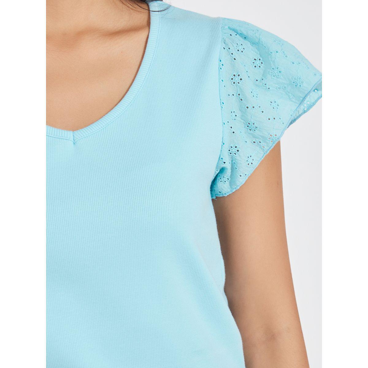 Styli Schiffli Sleeves Rib Knit V Neck Top-women-clothing-shirtsandblouses-blouses-image-4
