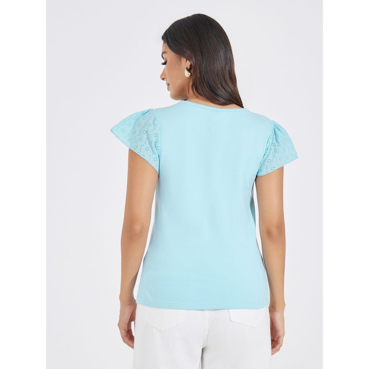 Styli Schiffli Sleeves Rib Knit V Neck Top-women-clothing-shirtsandblouses-blouses-image-5