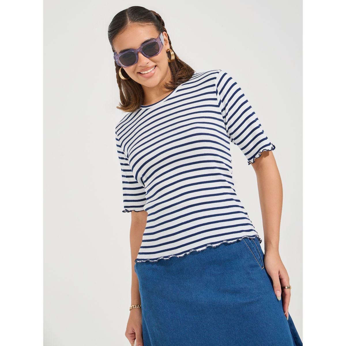 Styli Striped Lettuce Edge Detail Knit Top-women-clothing-shirtsandblouses-blouses-image-1