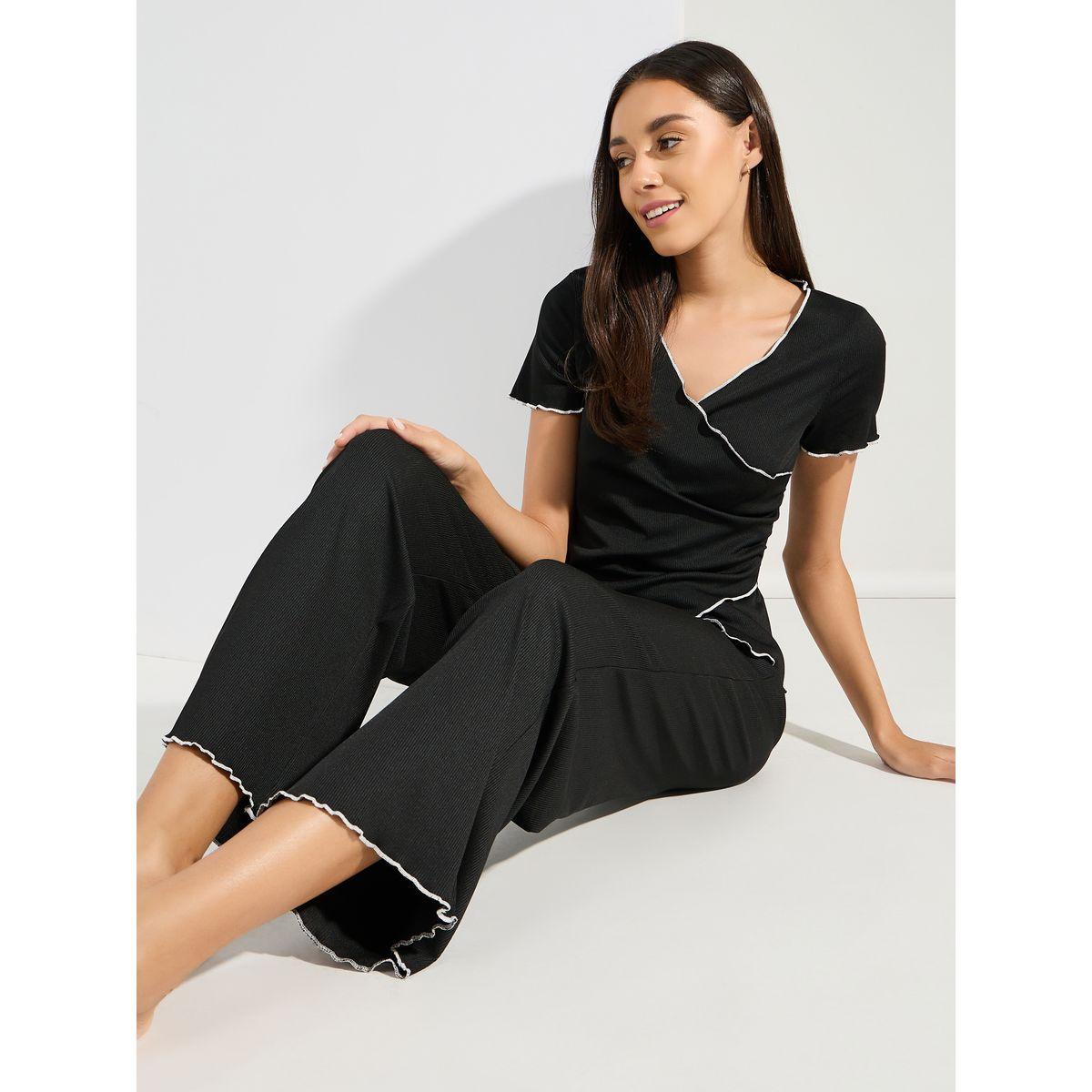 Styli Unwind Mono Contrast Edge Rib Wrap Over T-Shirt & Pyjama Set-women-clothing-nightwear-pyjamas-longsets-image-1