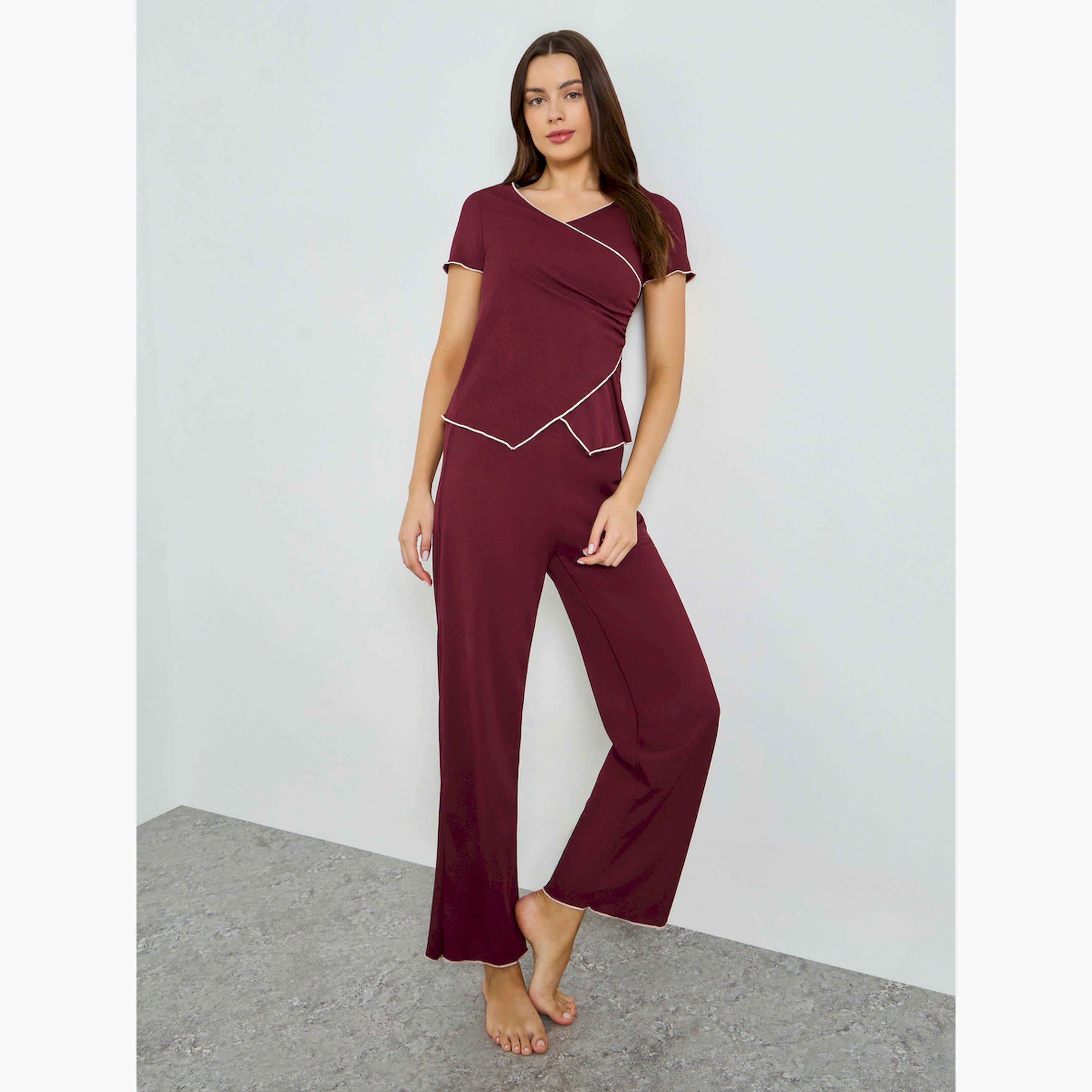 مجموعة من بيجاما وتيشيرت مضلع بنمط لف وحواف متباينة-women-clothing-nightwear-pyjamas-longsets-image-1