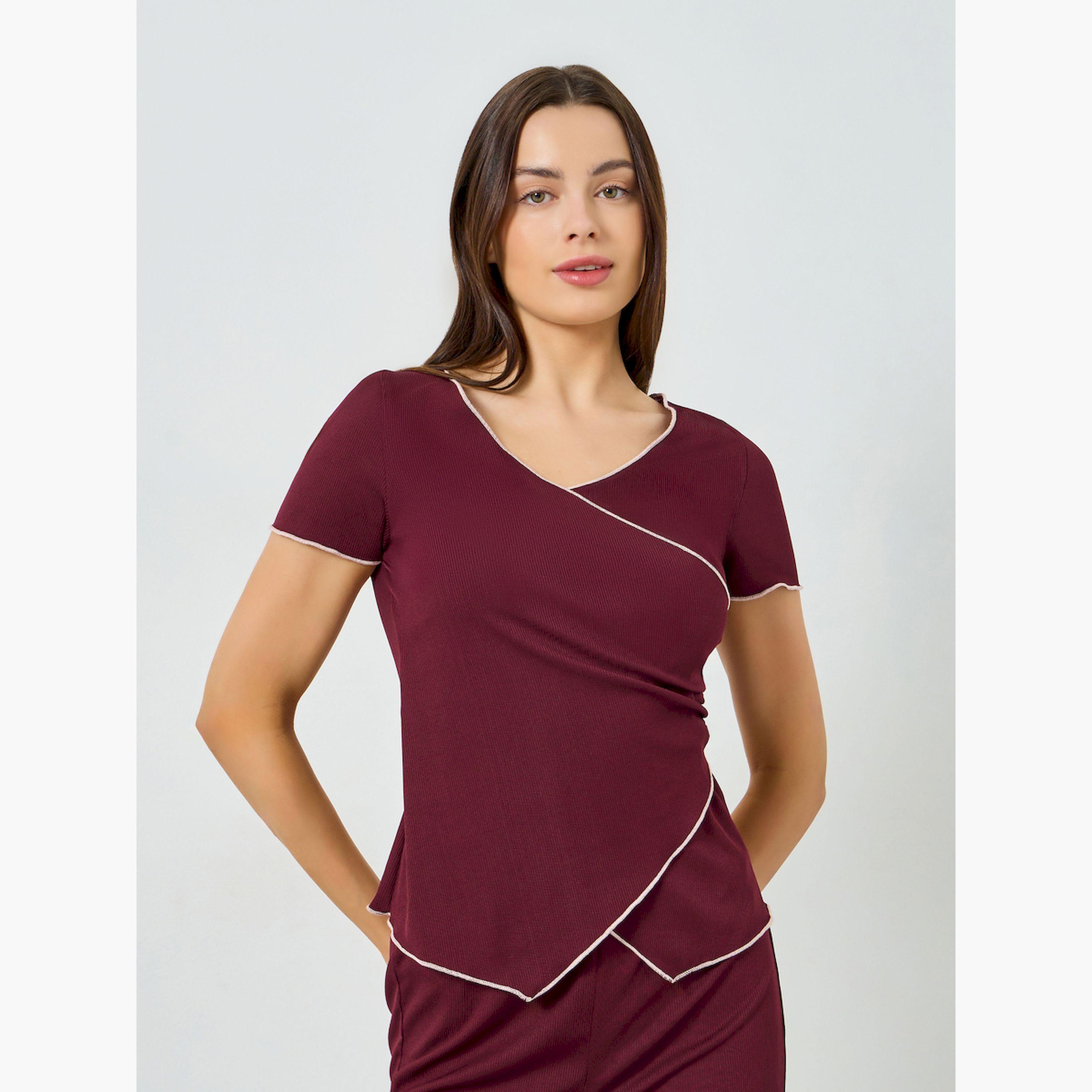 Styli Mono Contrast Edge Rib Wrap Over T-Shirt and Pyjama Set-women-clothing-nightwear-pyjamas-longsets-image-2