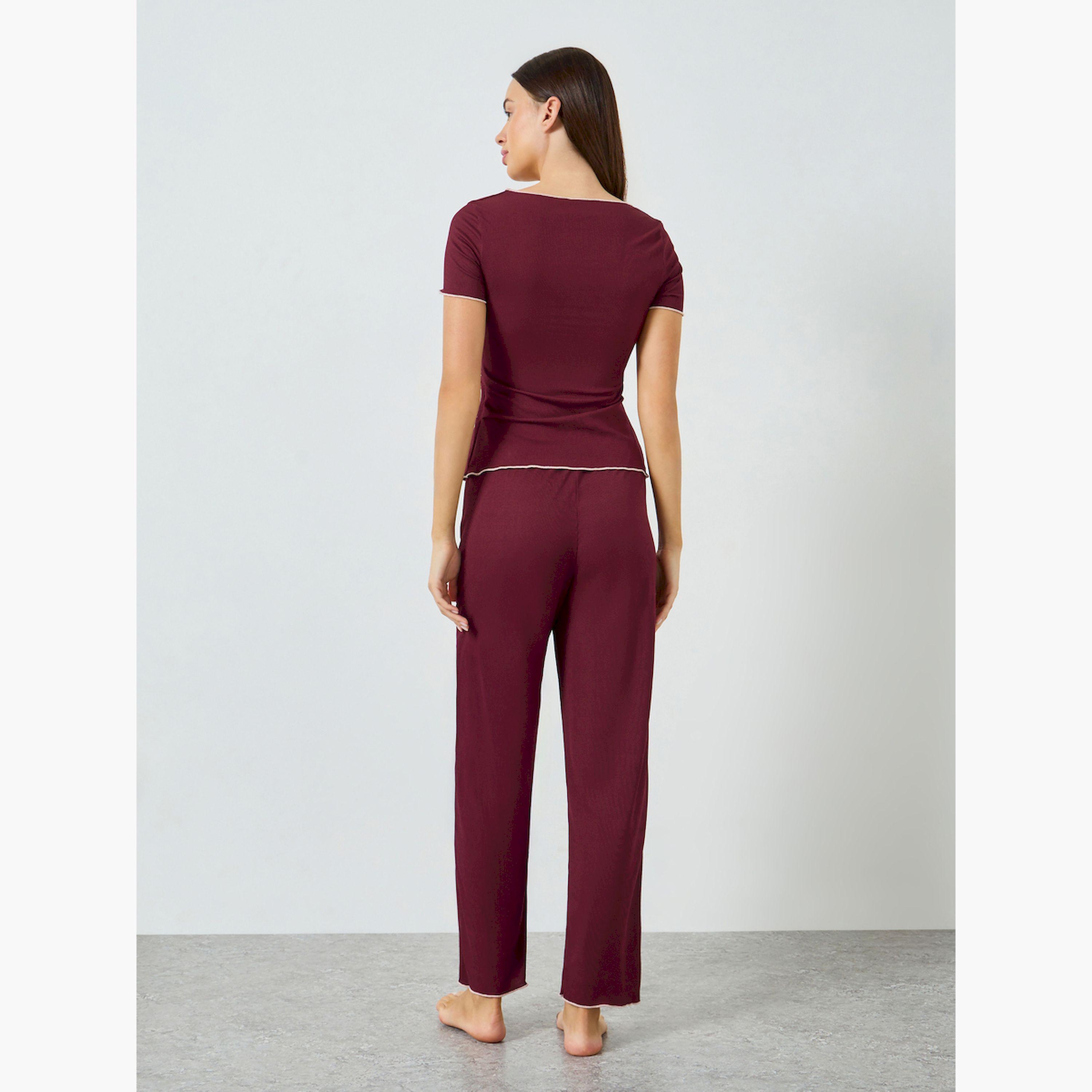 مجموعة من بيجاما وتيشيرت مضلع بنمط لف وحواف متباينة-women-clothing-nightwear-pyjamas-longsets-image-3