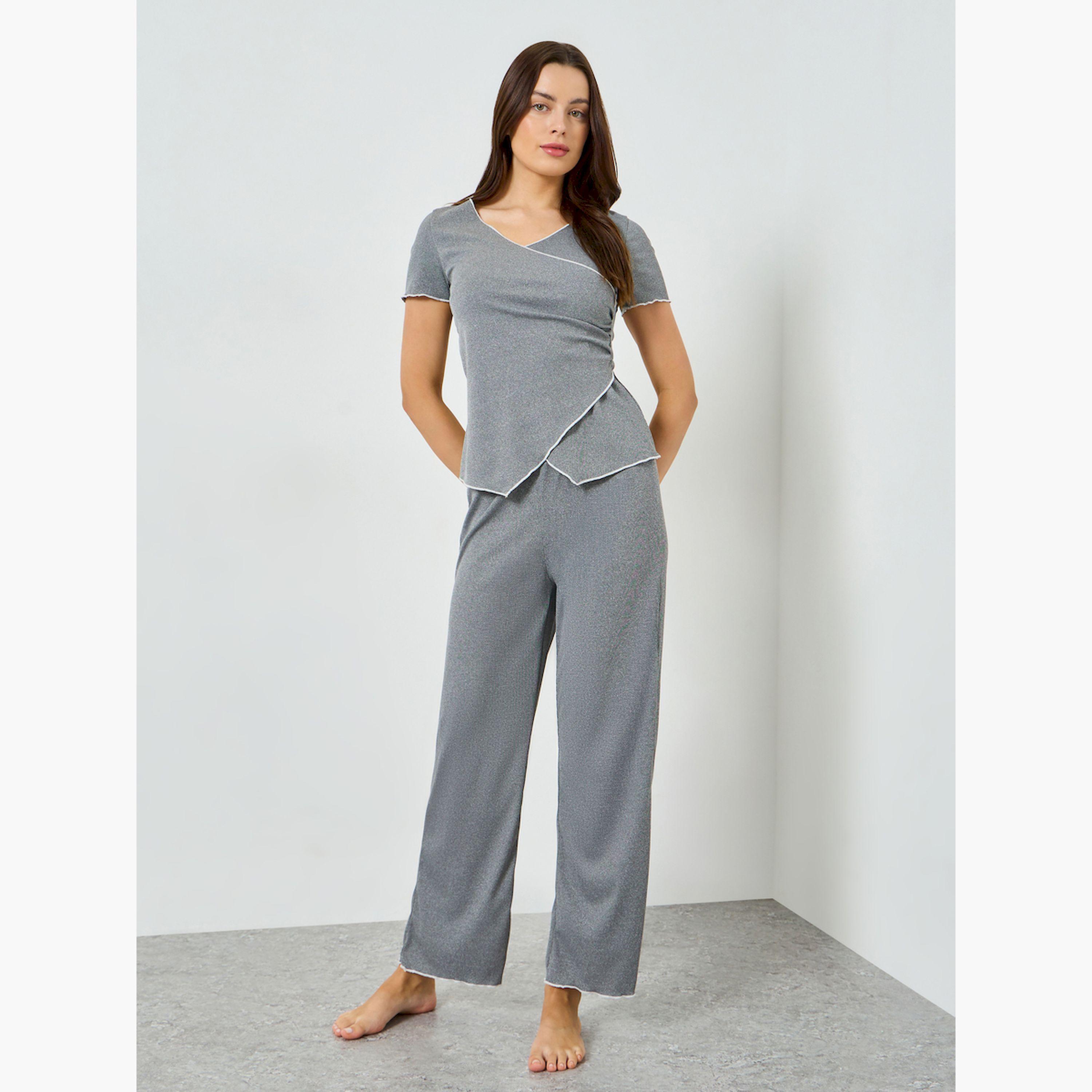 Styli Mono Contrast Edge Rib Wrap Over T-Shirt and Pyjama Set-women-clothing-nightwear-pyjamas-longsets-image-1