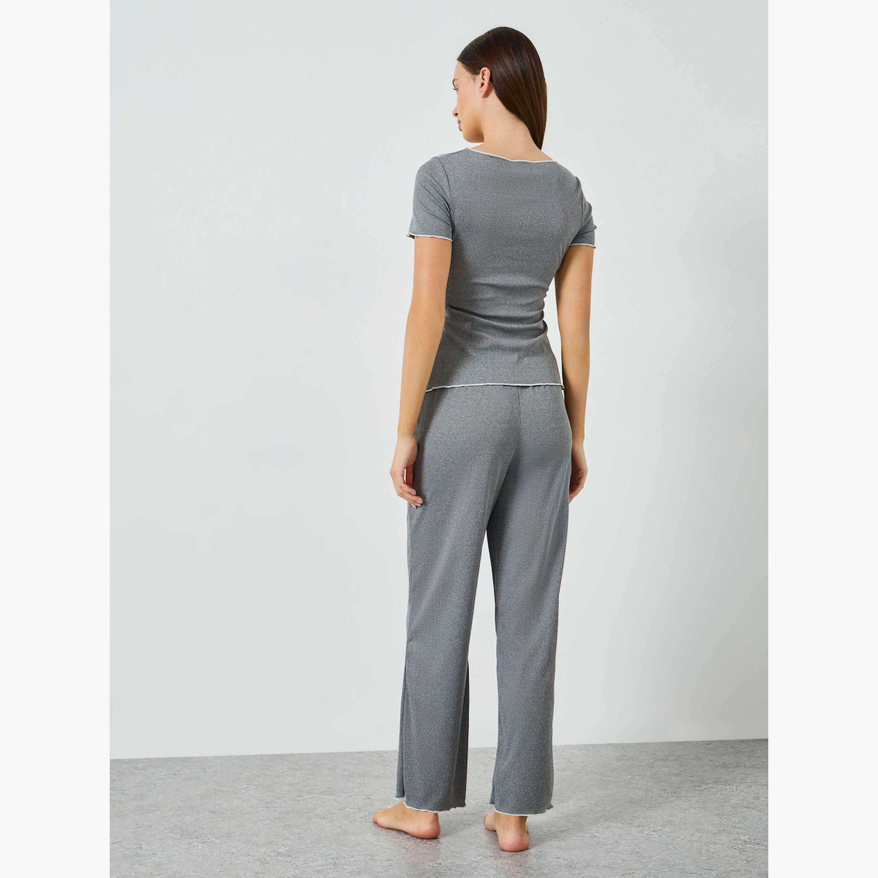 مجموعة من بيجاما وتيشيرت مضلع بنمط لف وحواف متباينة-women-clothing-nightwear-pyjamas-longsets-image-3