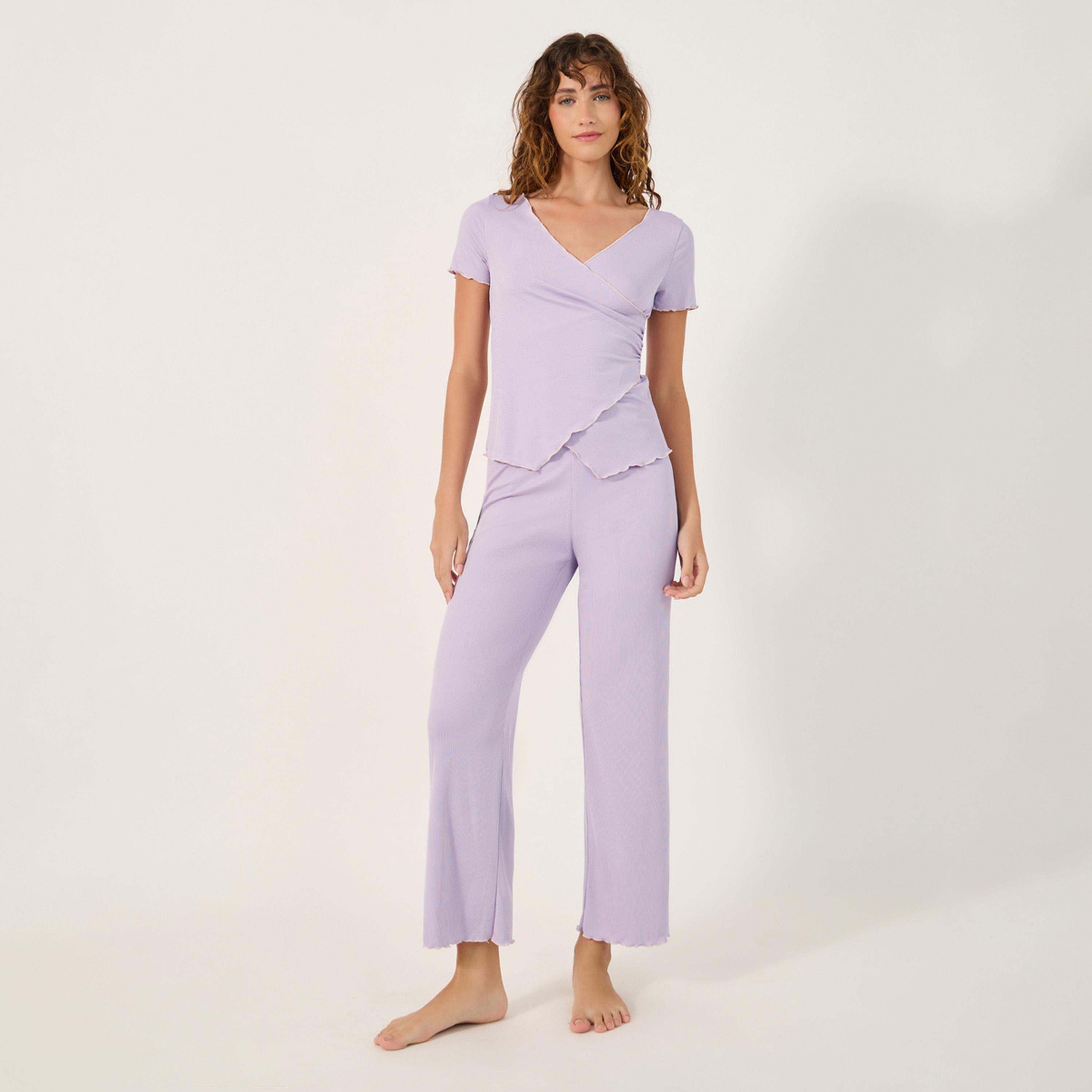 Styli Unwind Contrast Edge Rib Wrap Over Tee And Pj Set-women-clothing-nightwear-pyjamas-longsets-image-1
