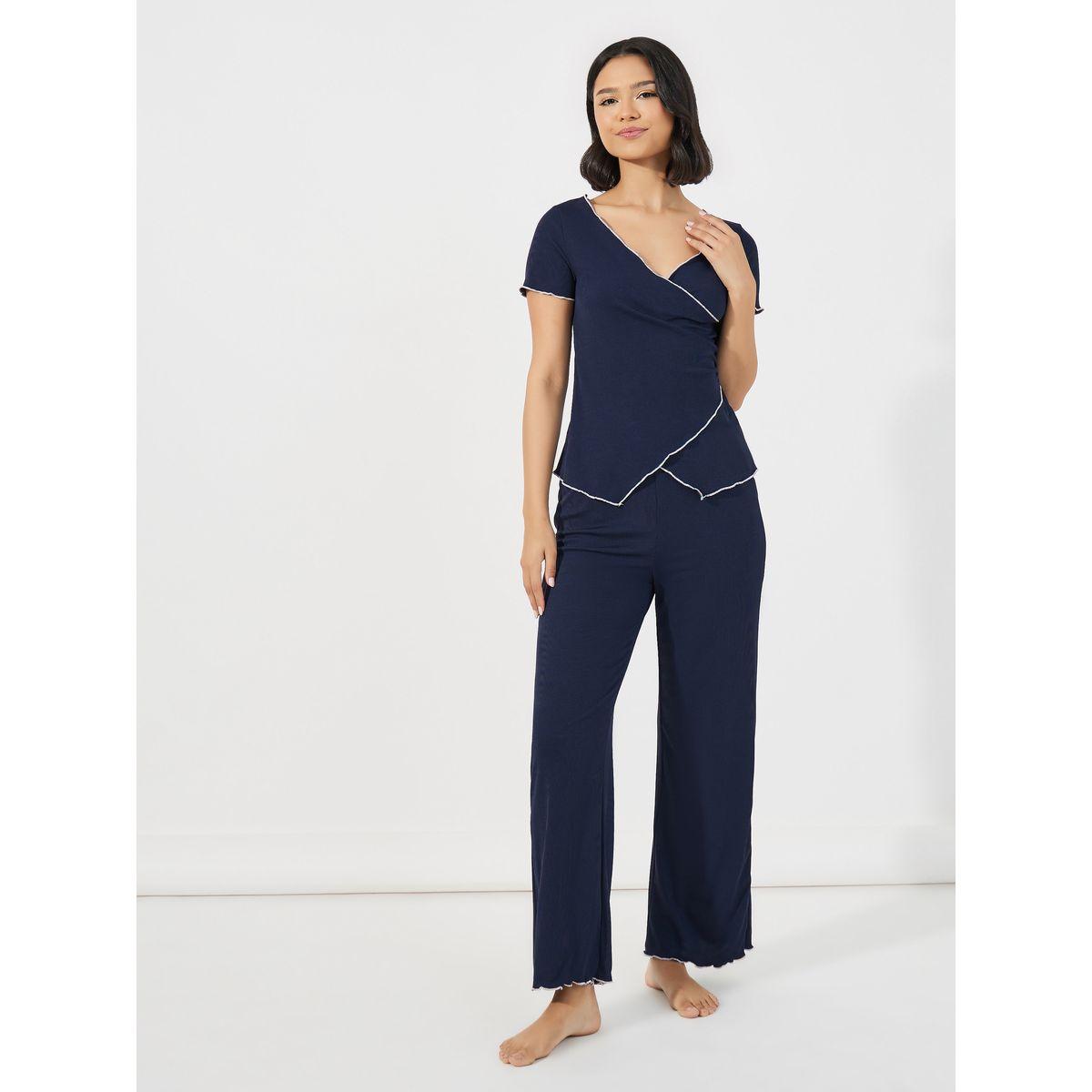 Styli Unwind Mono Contrast Edge Rib Wrap Over T-Shirt & Pyjama Set-women-clothing-nightwear-pyjamas-longsets-image-1
