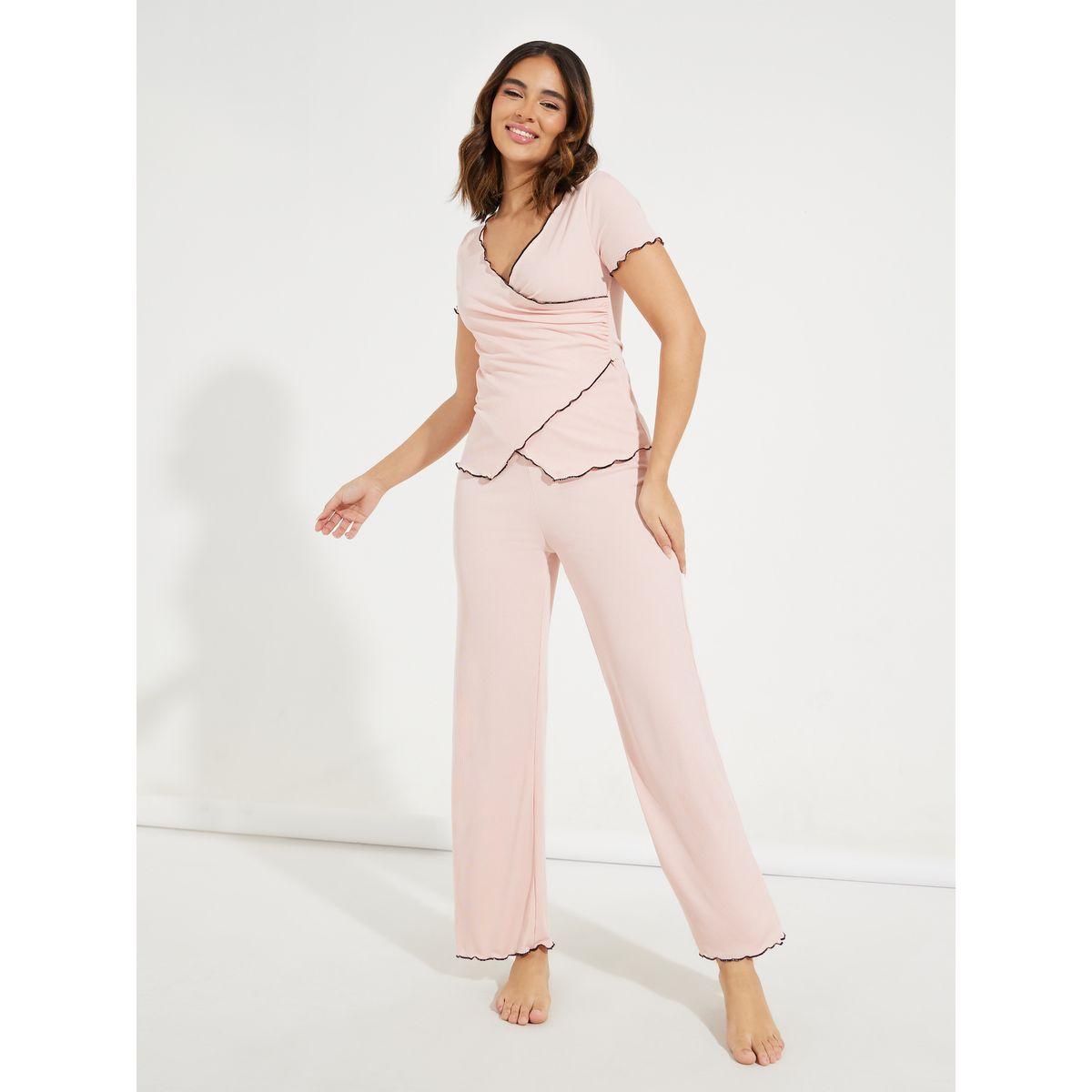 Styli Unwind Mono Contrast Edge Rib Wrap Over T-Shirt & Pyjama Set-women-clothing-nightwear-pyjamas-longsets-image-1