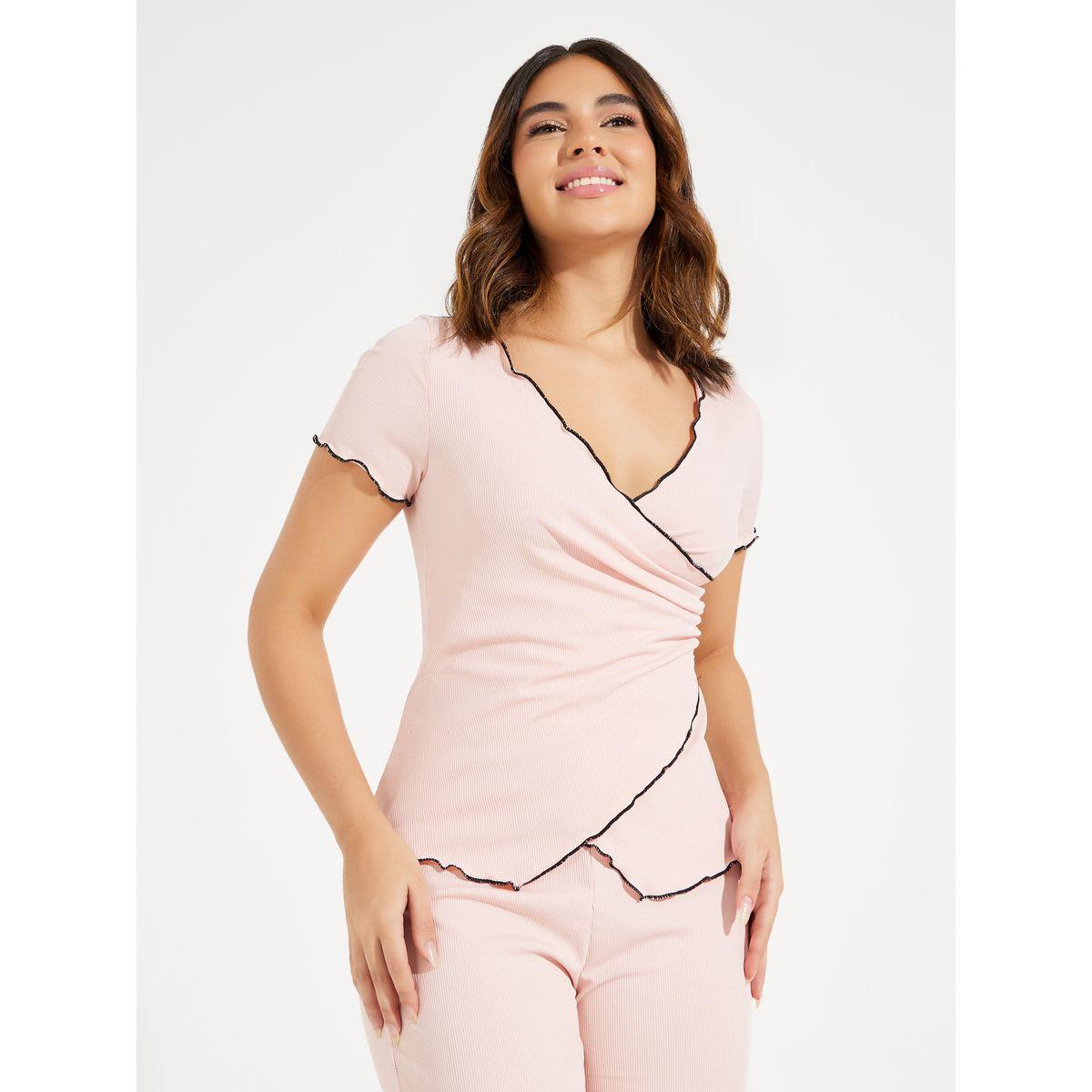 Styli Unwind Mono Contrast Edge Rib Wrap Over T-Shirt & Pyjama Set-women-clothing-nightwear-pyjamas-longsets-image-2
