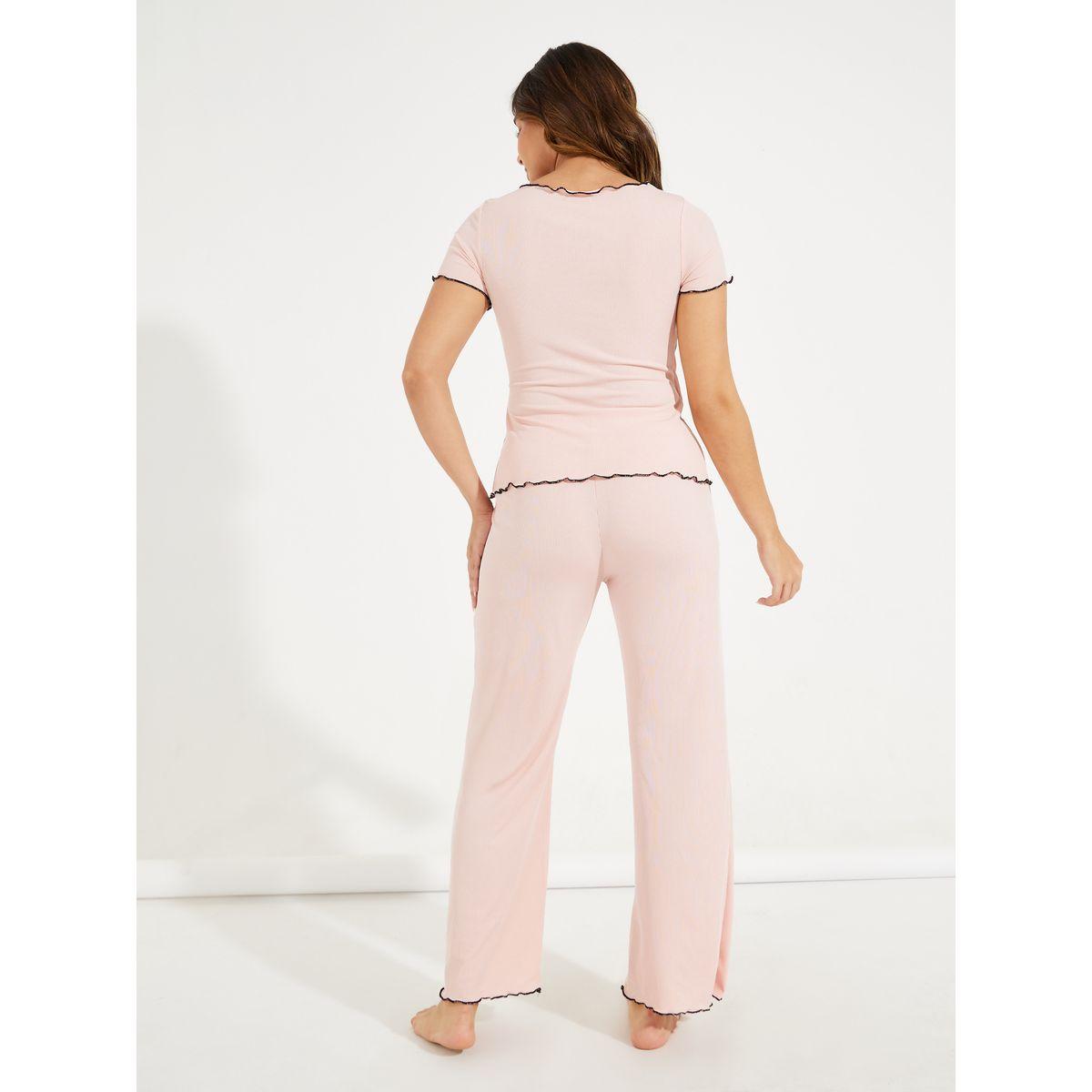 Styli Unwind Mono Contrast Edge Rib Wrap Over T-Shirt & Pyjama Set-women-clothing-nightwear-pyjamas-longsets-image-4