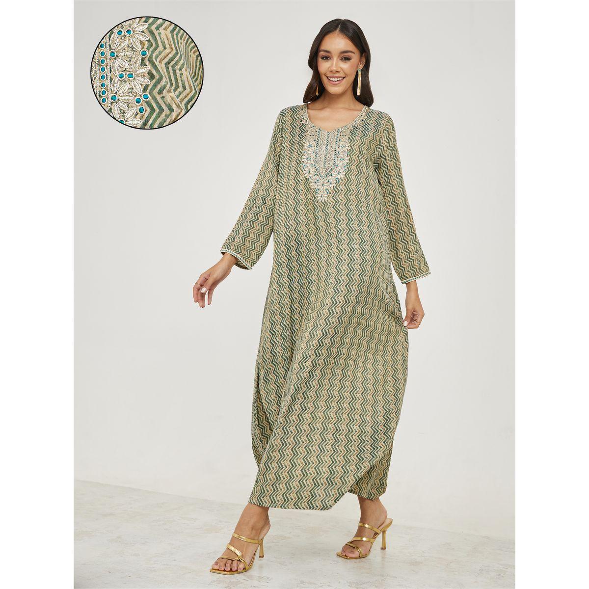 Styli Embroidery Neck Chevron Print Cotton Jalabiya-women-arabicclothing-jalabiyas-image-1