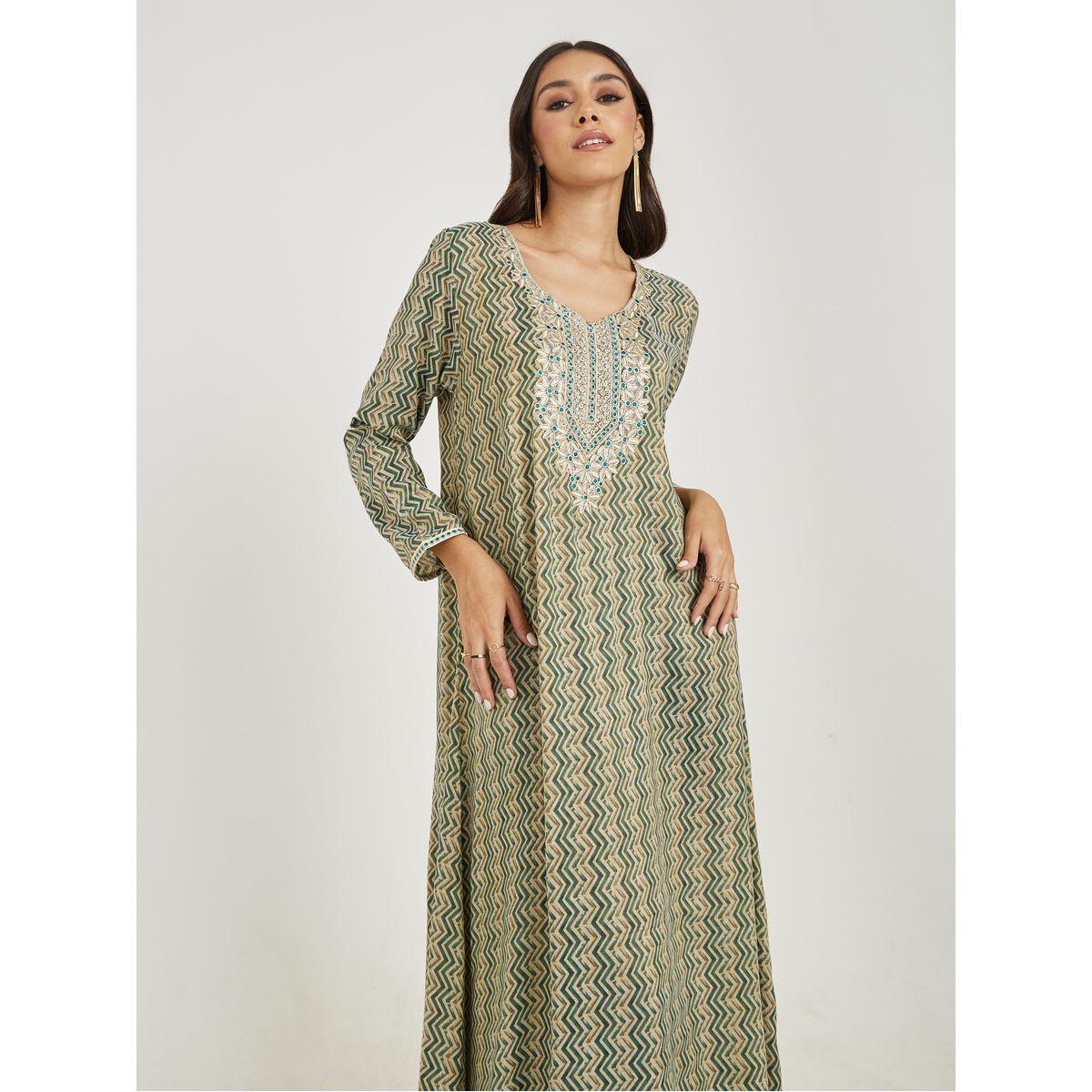 Styli Embroidery Neck Chevron Print Cotton Jalabiya-women-arabicclothing-jalabiyas-image-2