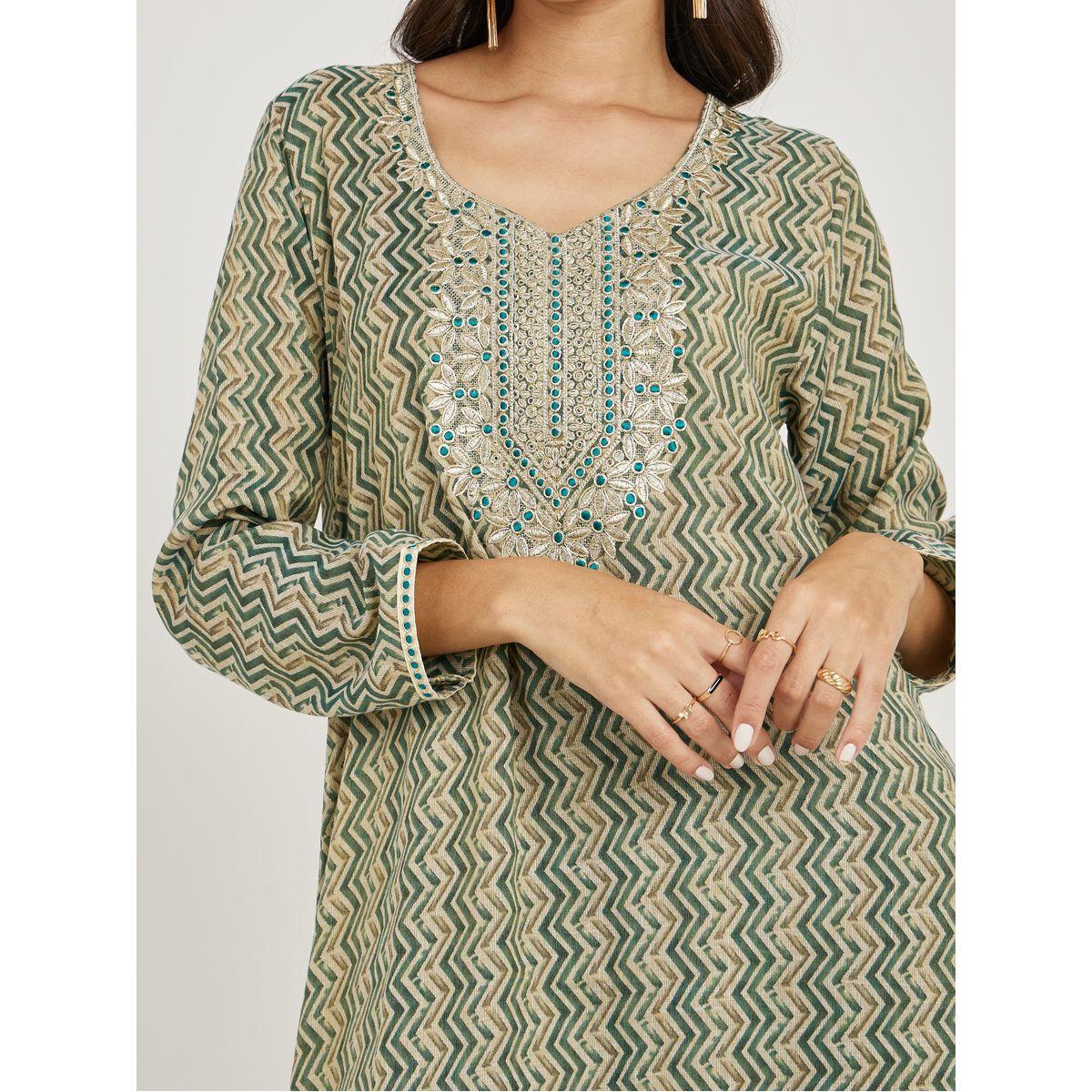 Styli Embroidery Neck Chevron Print Cotton Jalabiya-women-arabicclothing-jalabiyas-image-3